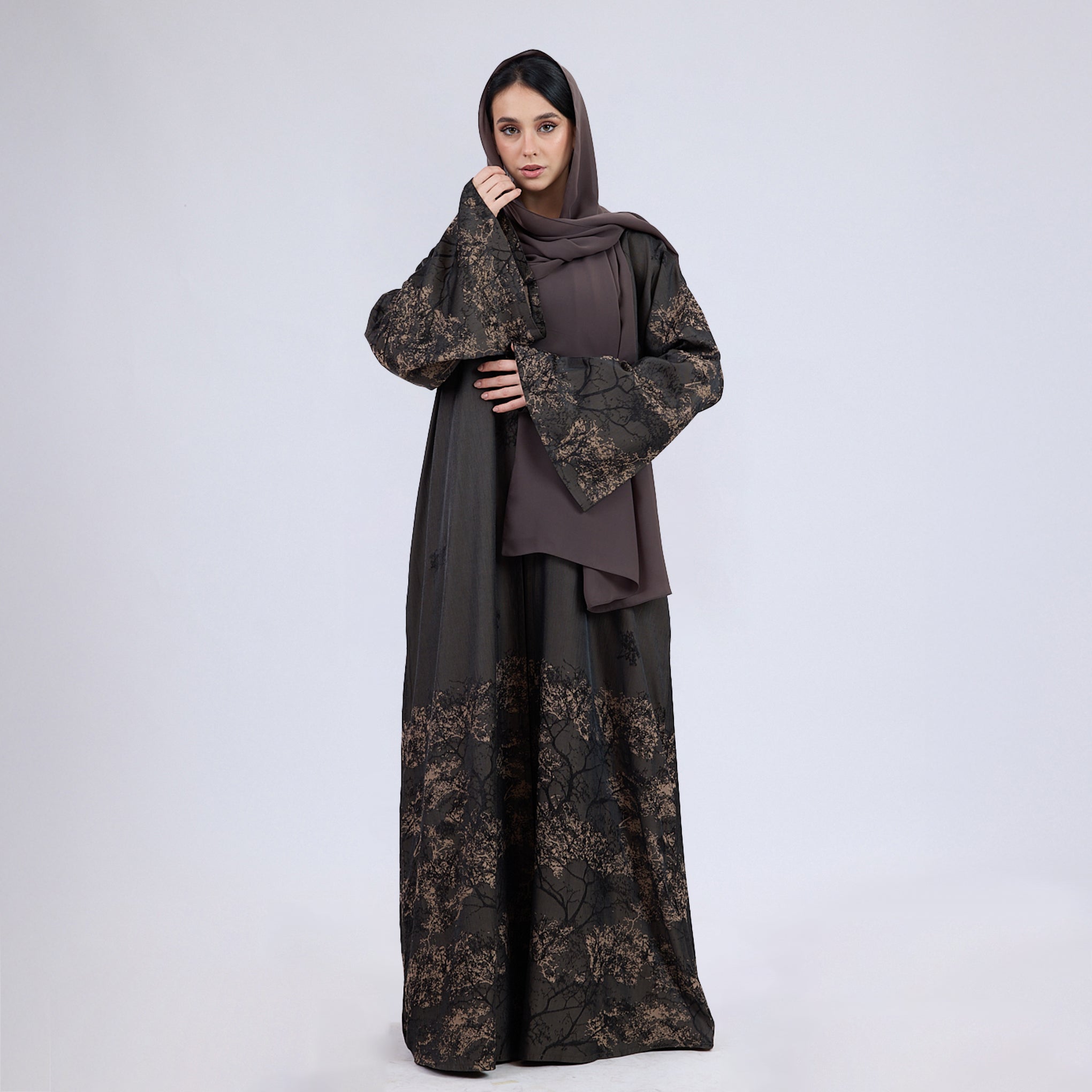 Printed Jacquard Open Abaya with Flared Sleeves Camel Brown