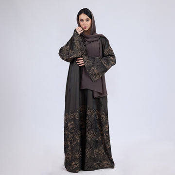 Printed Jacquard Open Abaya with Flared Sleeves Camel Brown