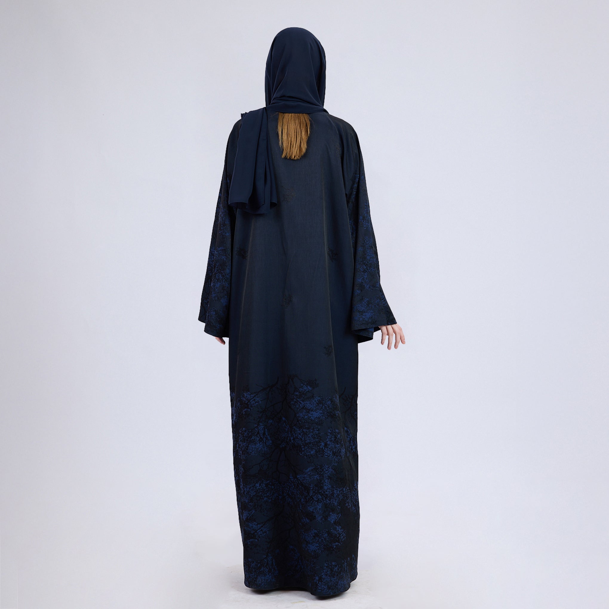 Printed Jacquard Open Abaya with Flared Sleeves Blue