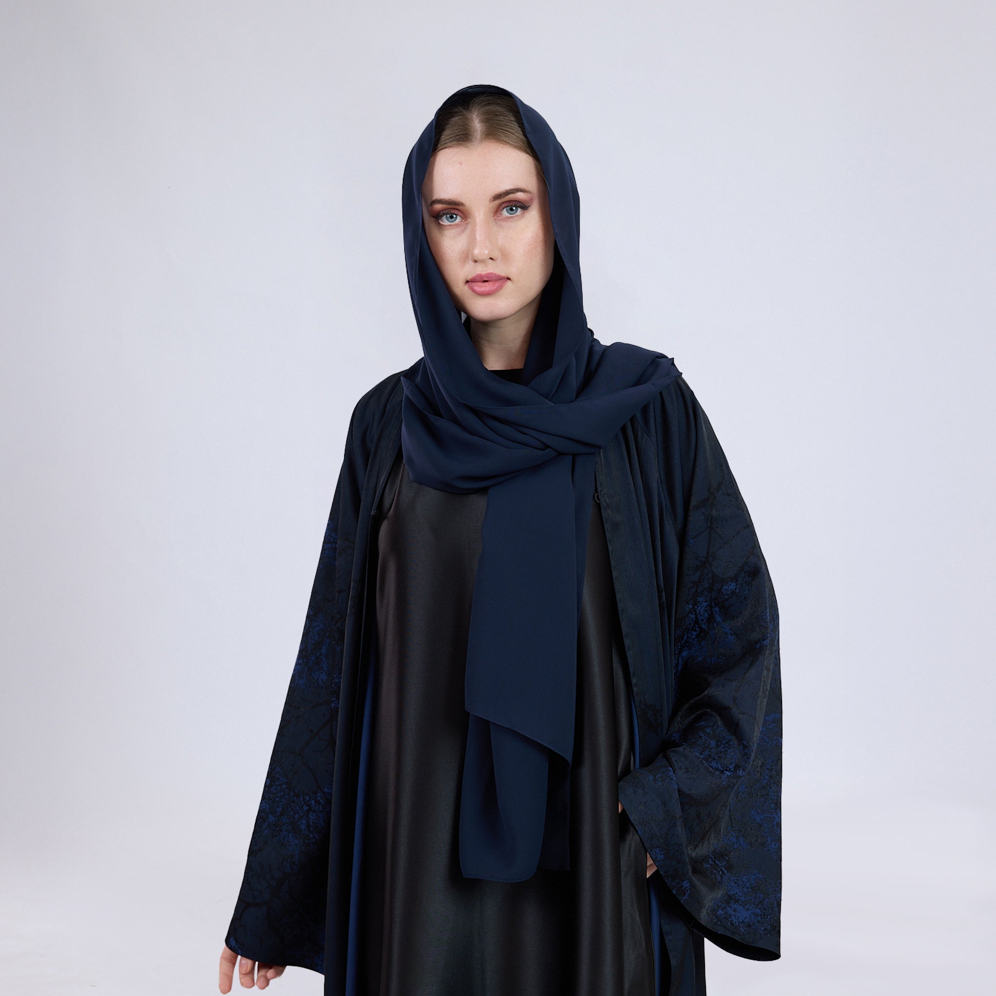 Printed Jacquard Open Abaya with Flared Sleeves Blue