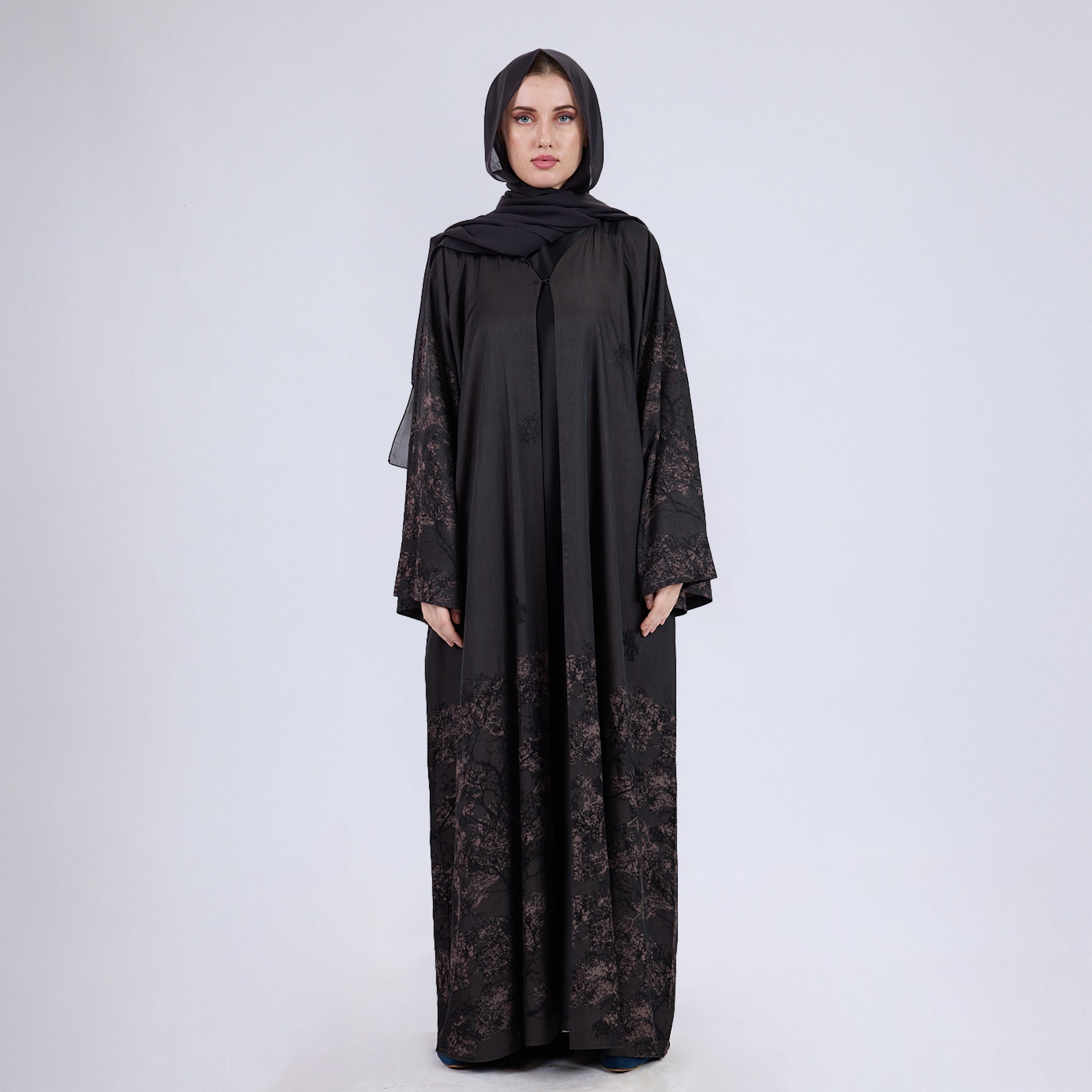 Printed Jacquard Open Abaya with Flared Sleeves Augerbine Grey