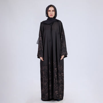 Printed Jacquard Open Abaya with Flared Sleeves Augerbine Grey