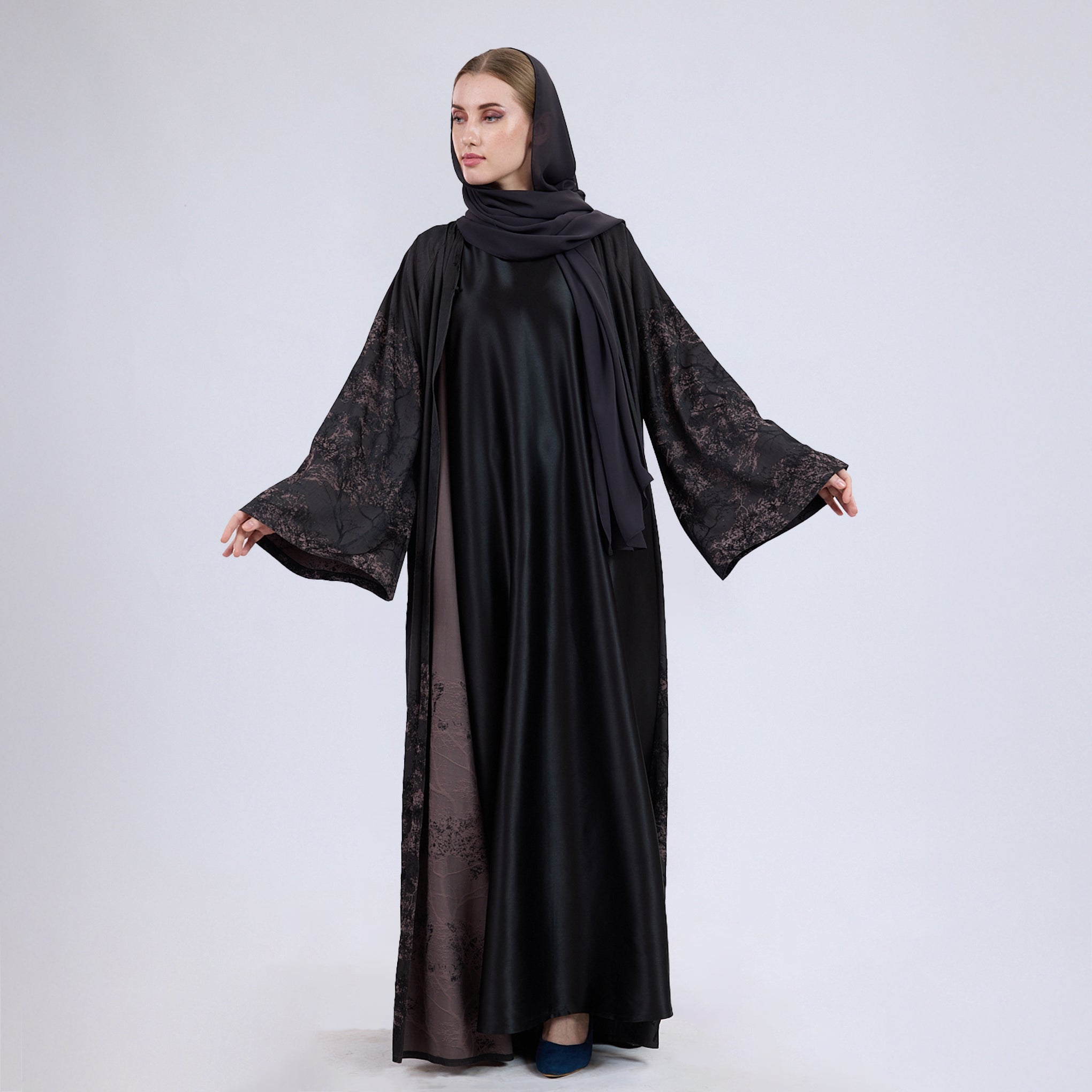 Printed Jacquard Open Abaya with Flared Sleeves Augerbine Grey