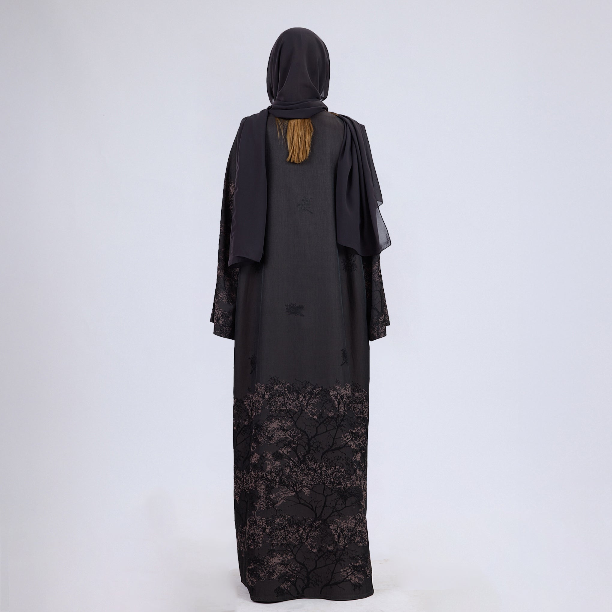 Printed Jacquard Open Abaya with Flared Sleeves Augerbine Grey