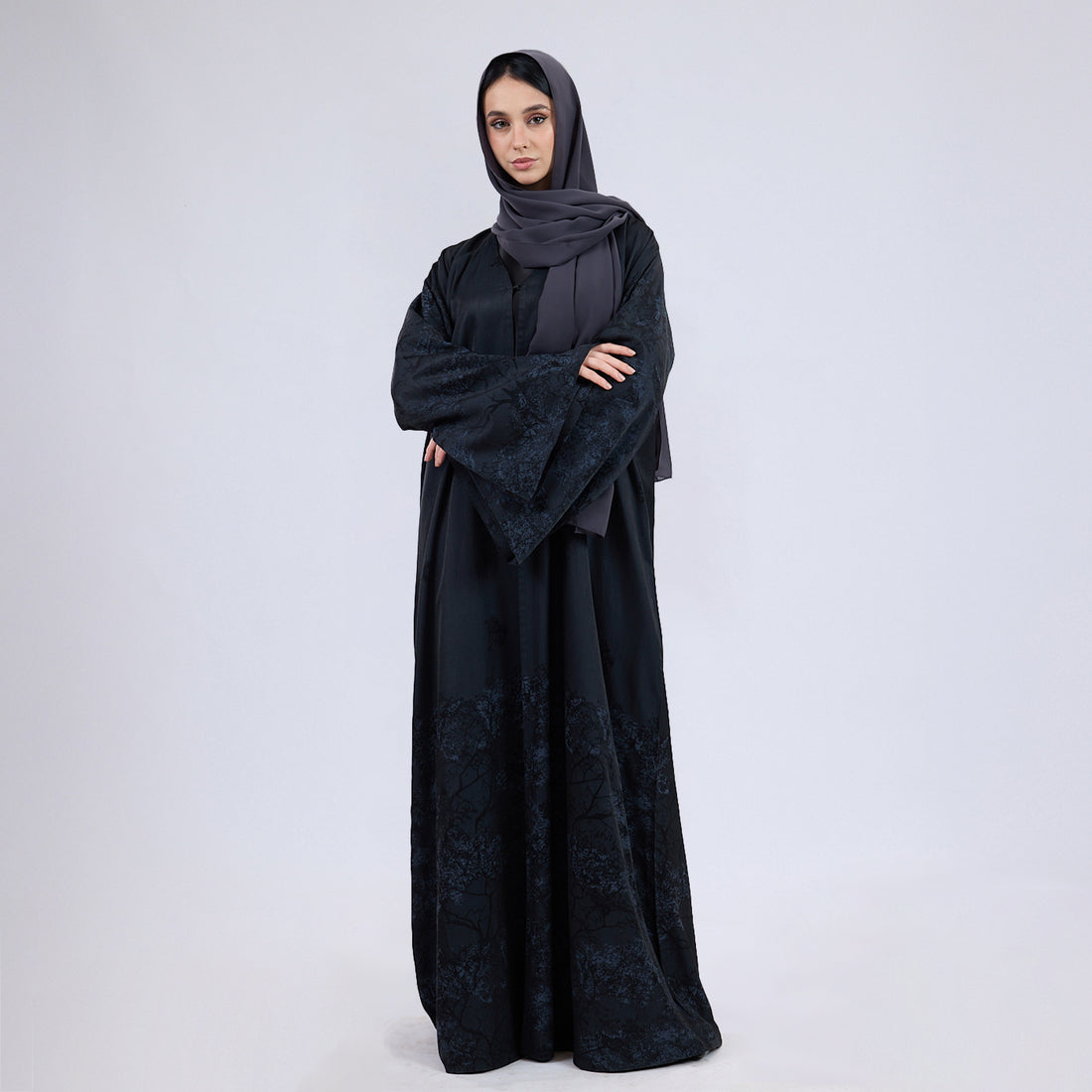 Printed Jacquard Open Abaya with Flared Sleeves Aegean Blue