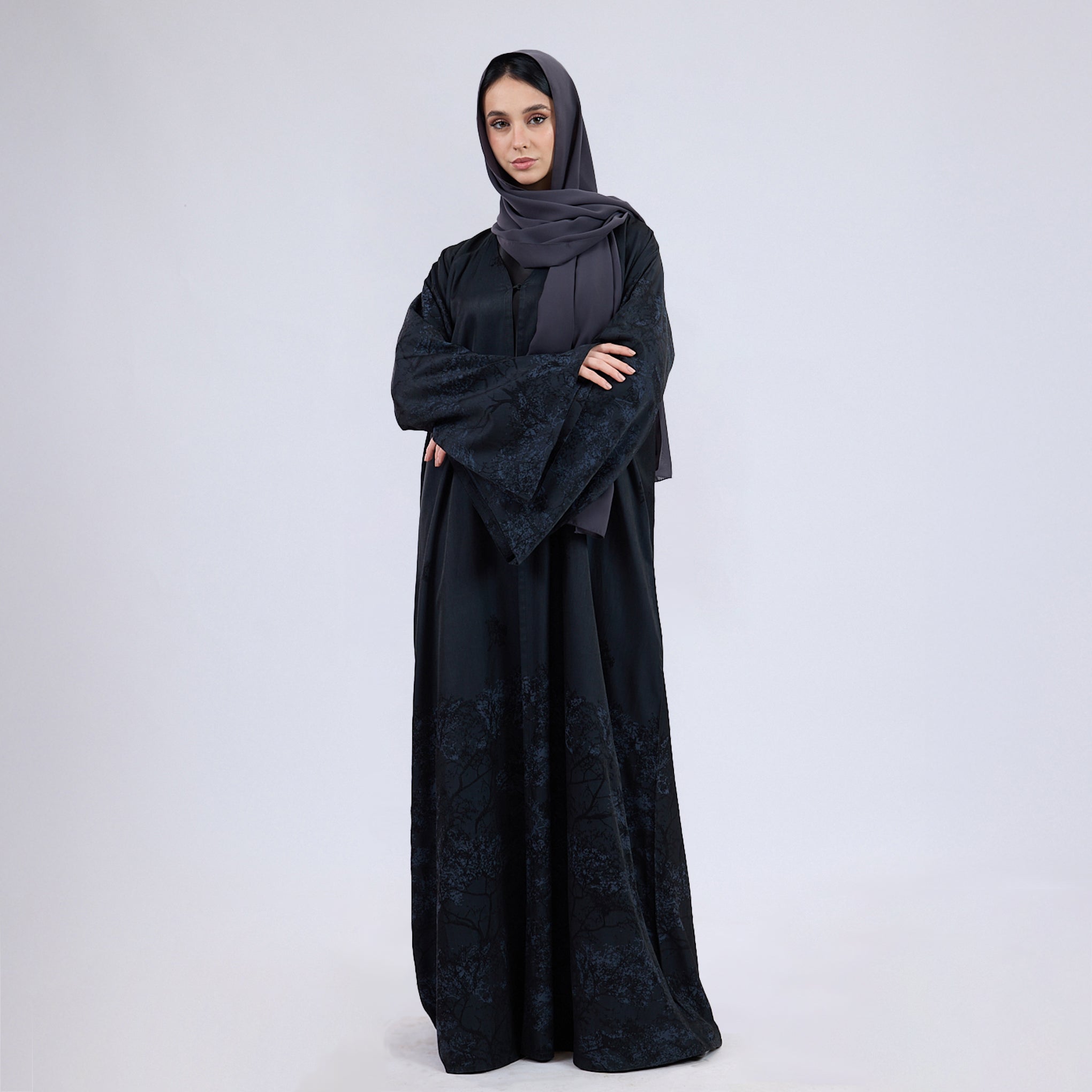 Printed Jacquard Open Abaya with Flared Sleeves Aegean Blue