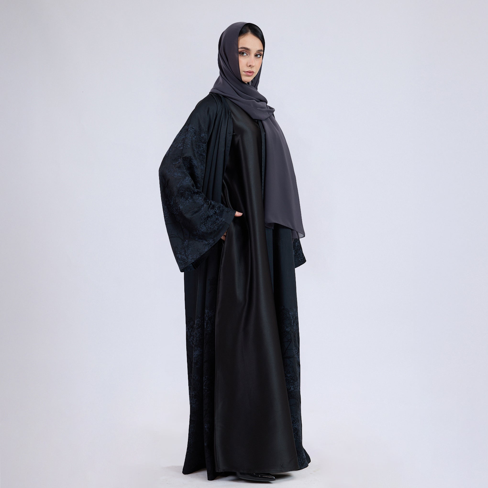 Printed Jacquard Open Abaya with Flared Sleeves Aegean Blue