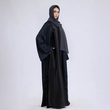 Printed Jacquard Open Abaya with Flared Sleeves Aegean Blue