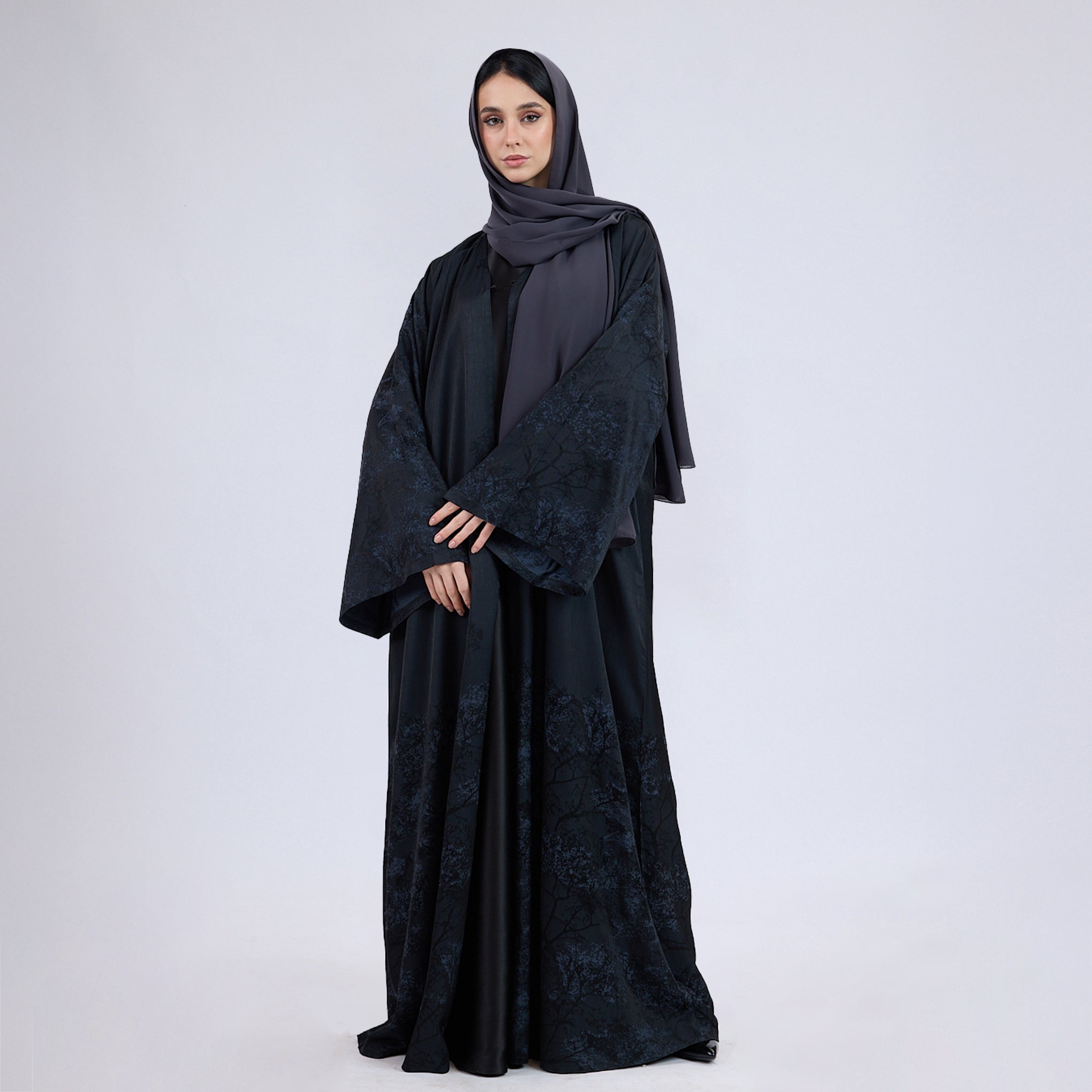 Printed Jacquard Open Abaya with Flared Sleeves Aegean Blue