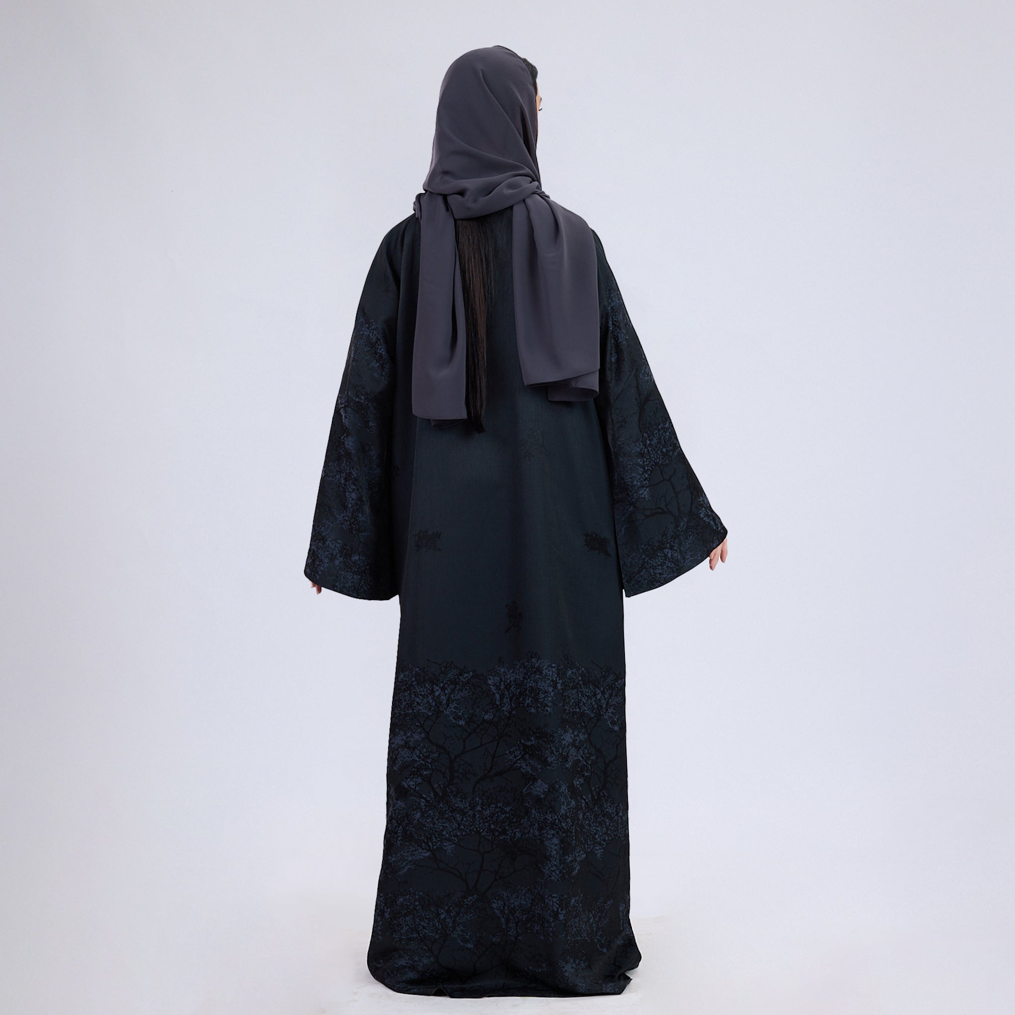 Printed Jacquard Open Abaya with Flared Sleeves Aegean Blue