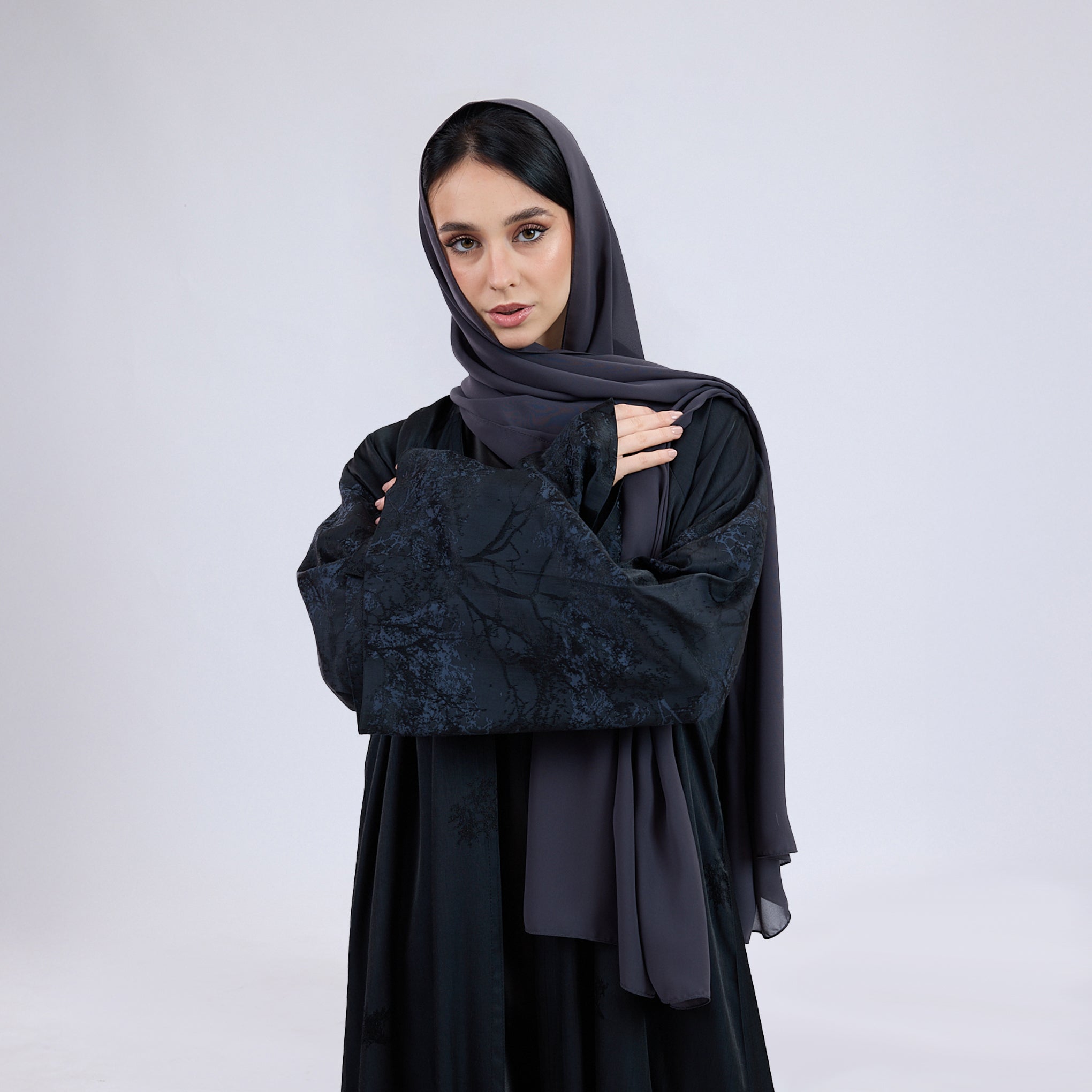 Printed Jacquard Open Abaya with Flared Sleeves Aegean Blue
