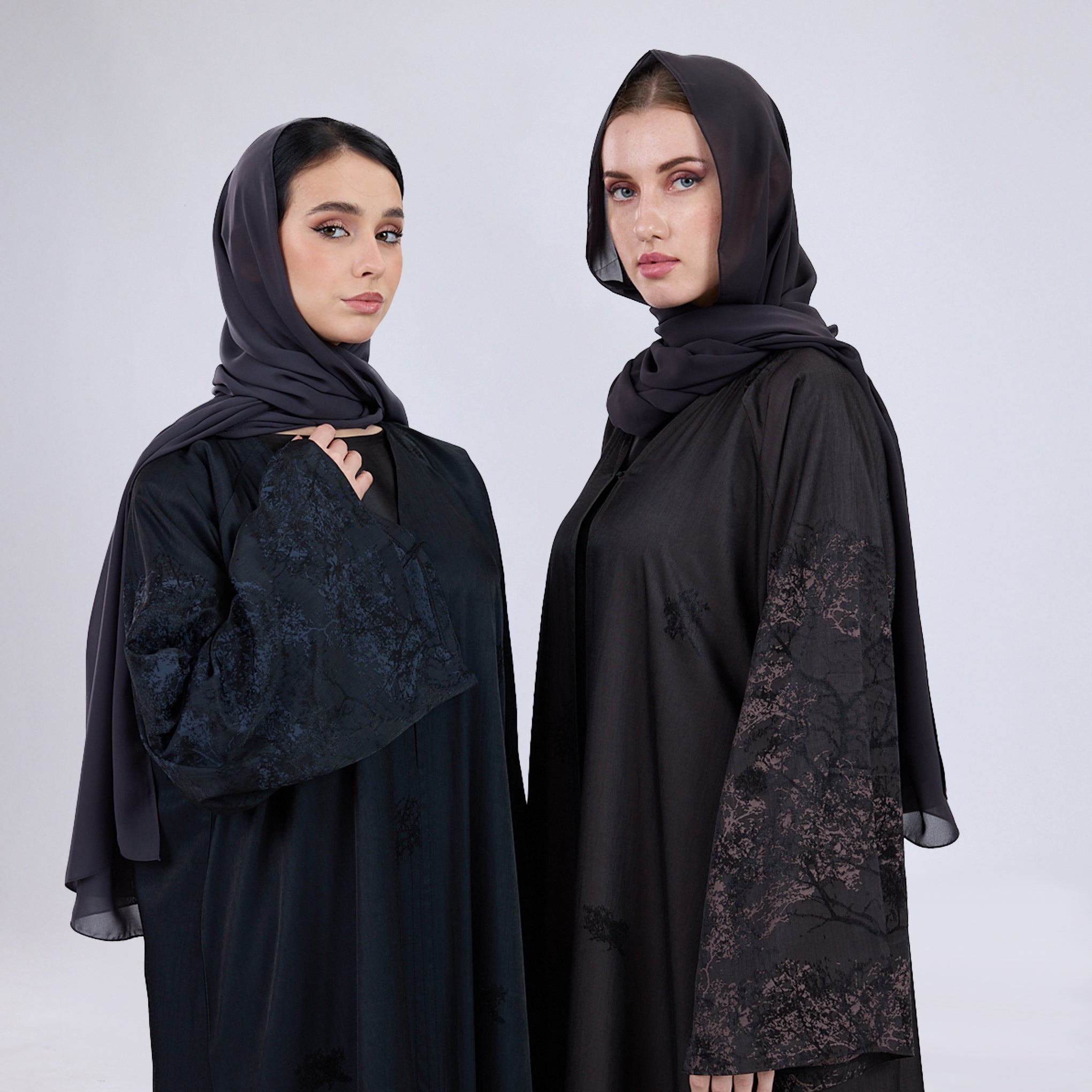 Printed Jacquard Open Abaya with Flared Sleeves Aegean Blue