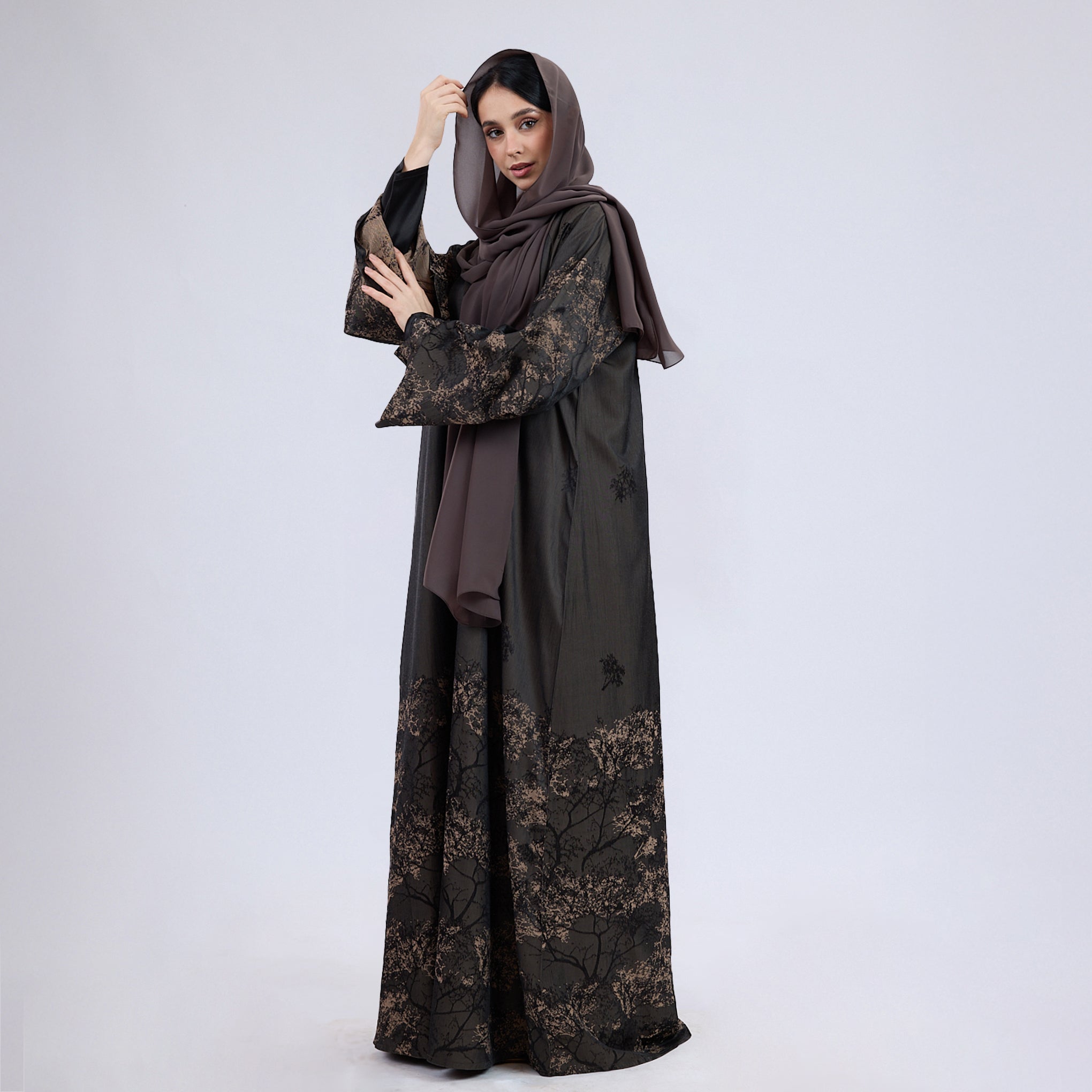 Printed Jacquard Open Abaya with Flared Sleeves Camel Brown