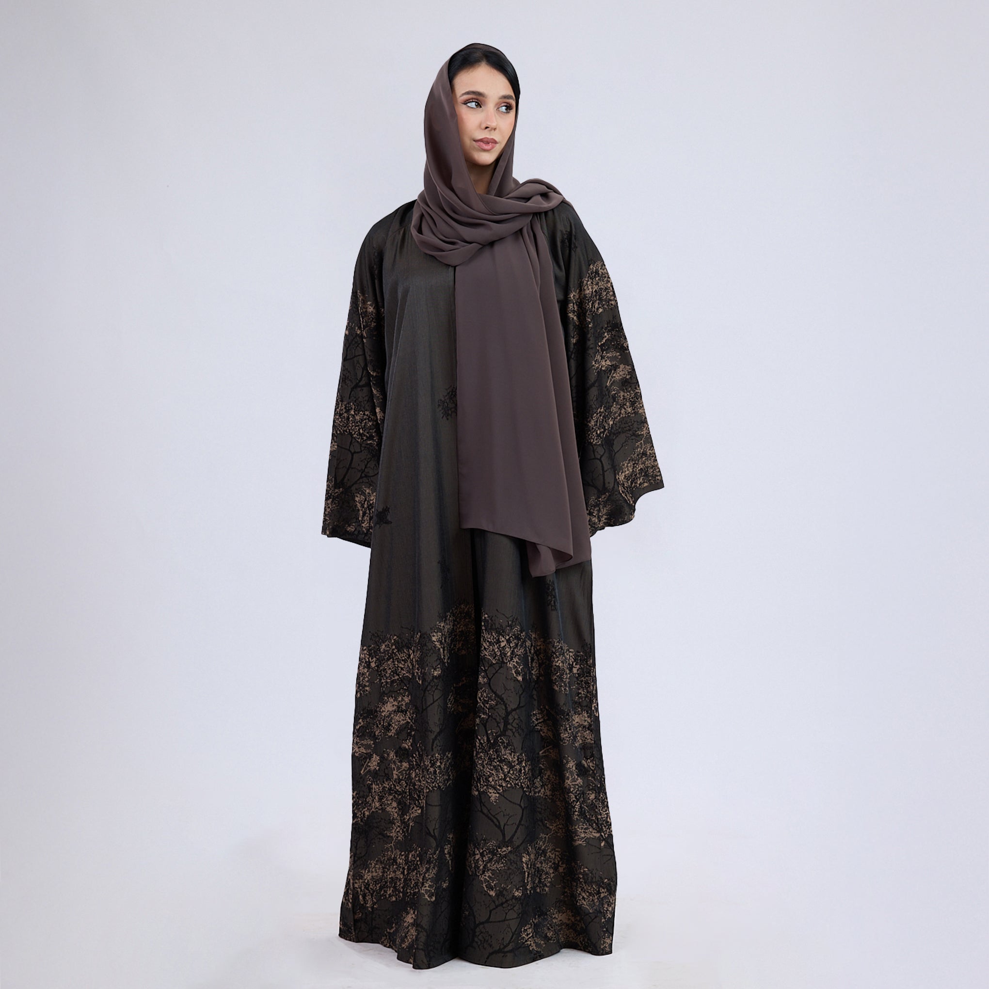 Printed Jacquard Open Abaya with Flared Sleeves Camel Brown