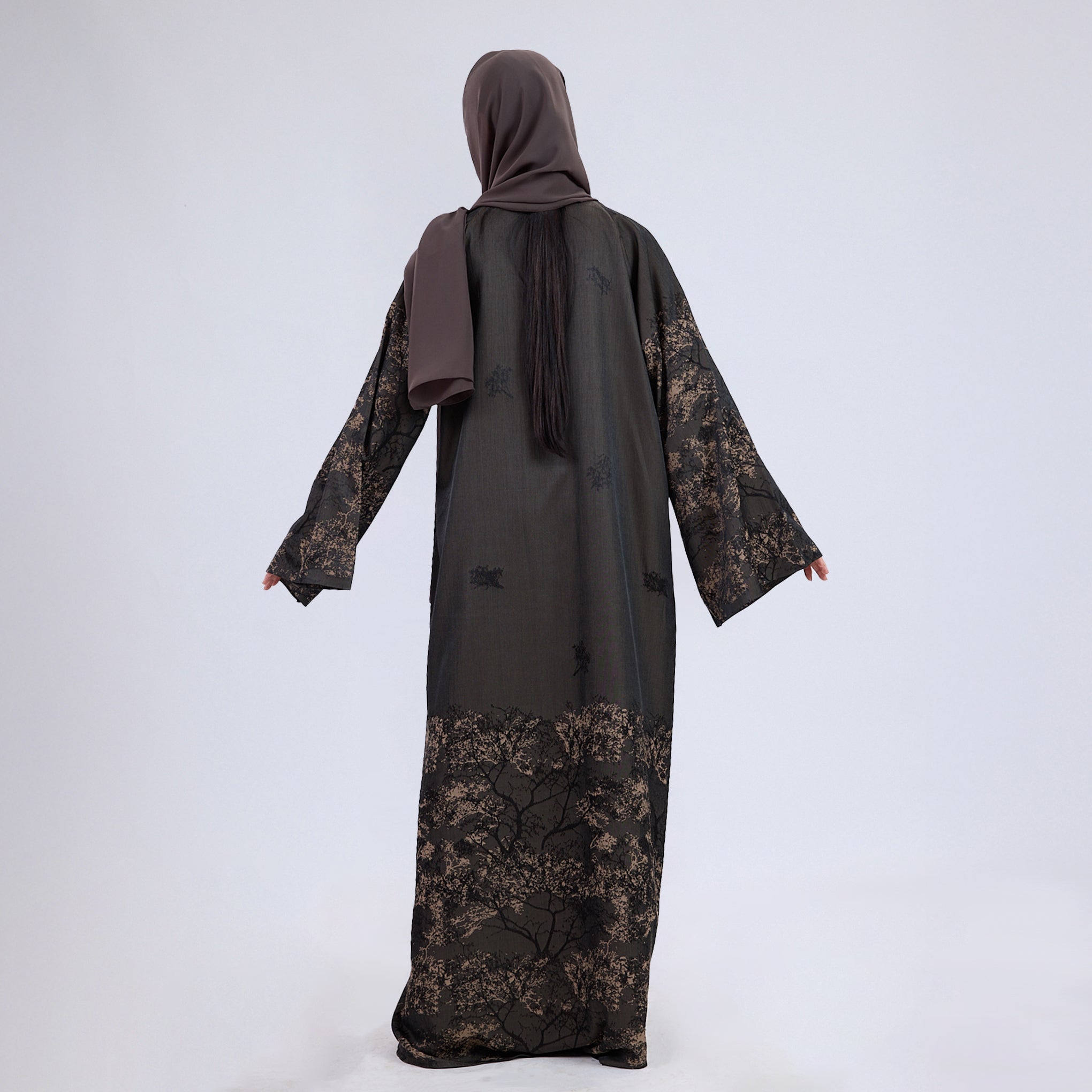 Printed Jacquard Open Abaya with Flared Sleeves Camel Brown