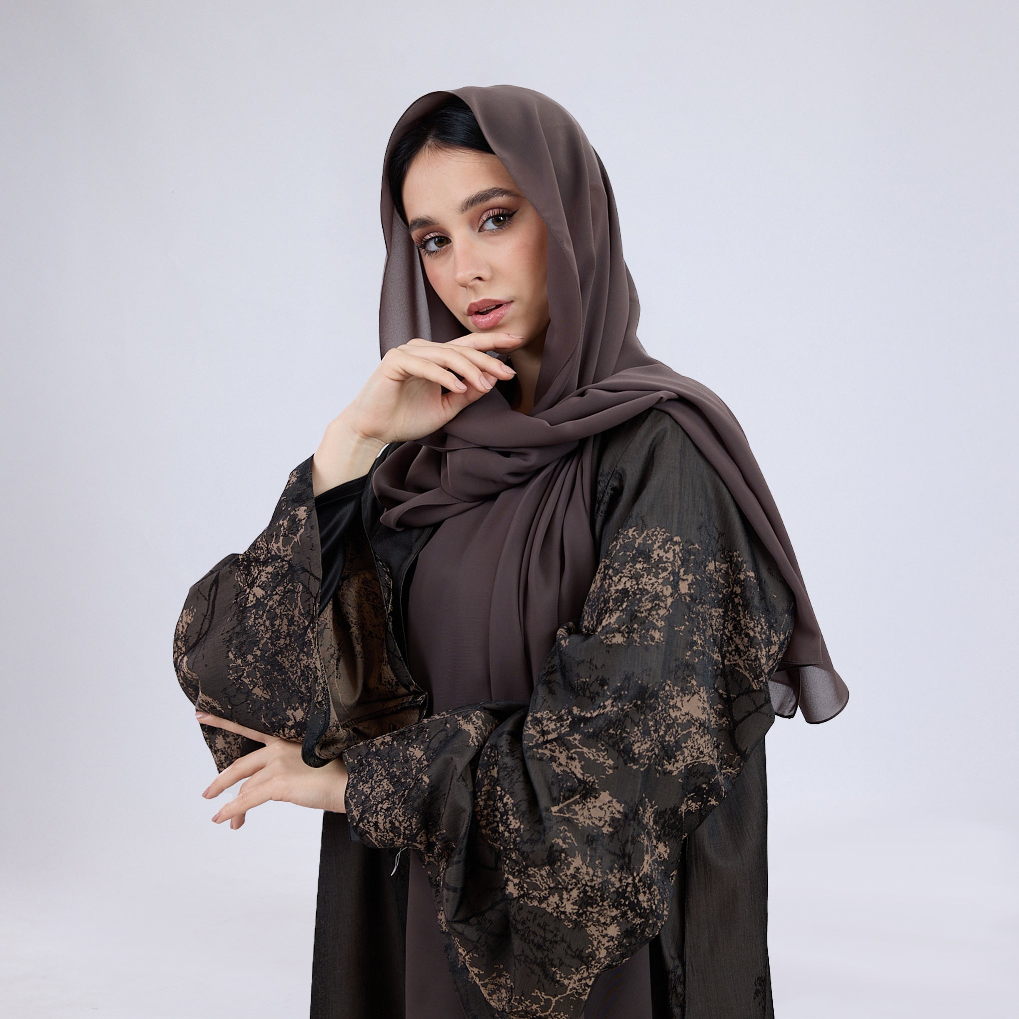 Printed Jacquard Open Abaya with Flared Sleeves Camel Brown
