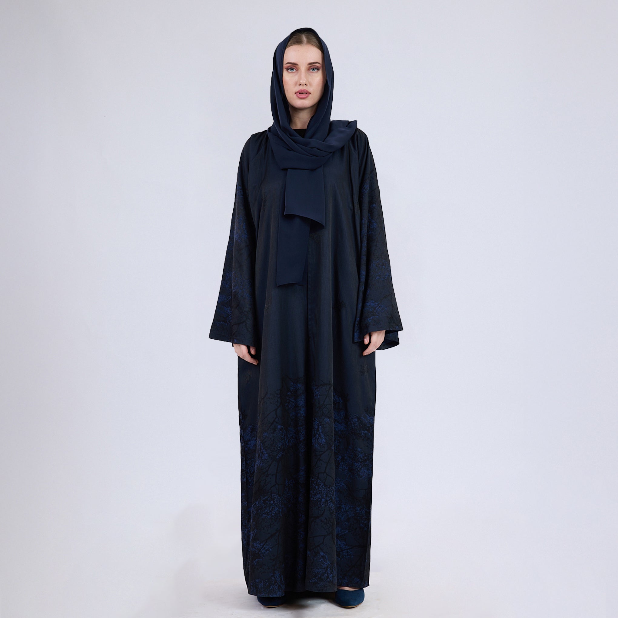 Printed Jacquard Open Abaya with Flared Sleeves Blue