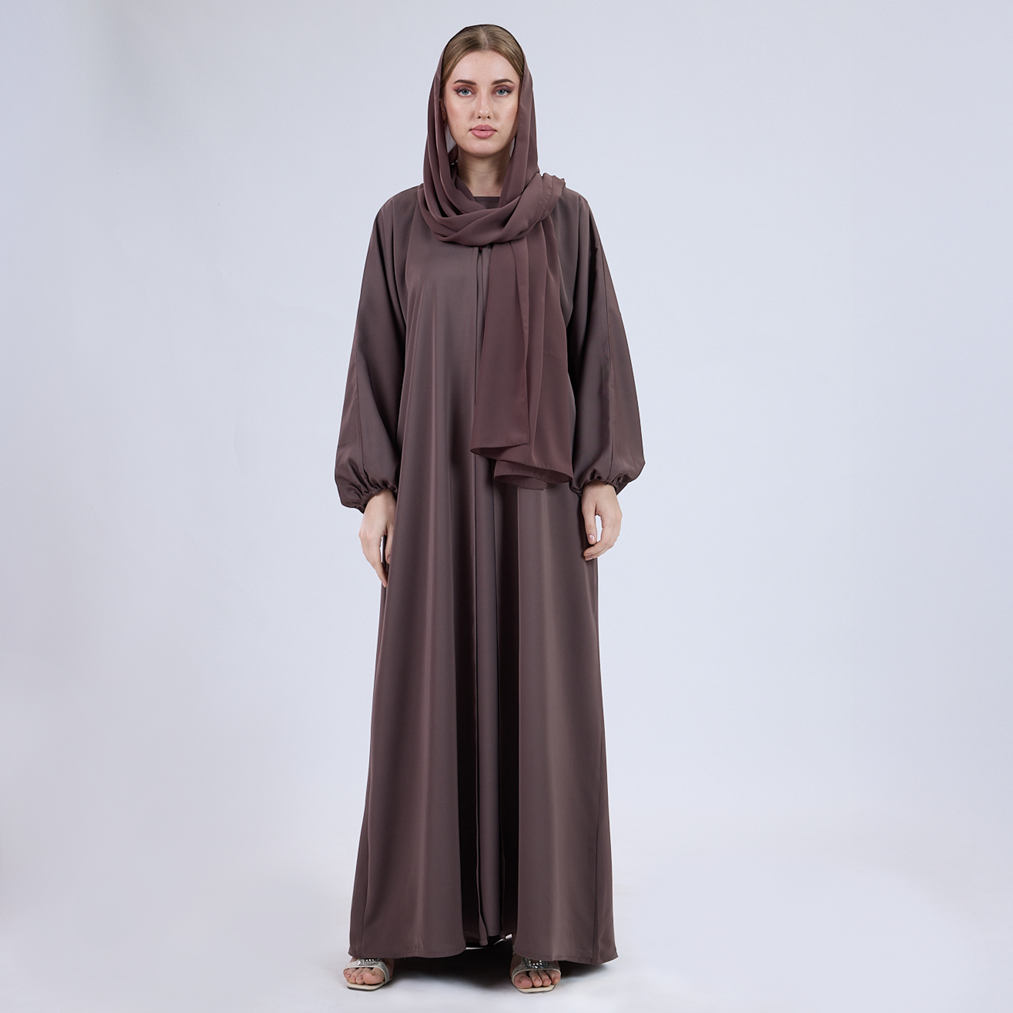 Nida Open Abaya with Elastic Sleeves Turkish Rose