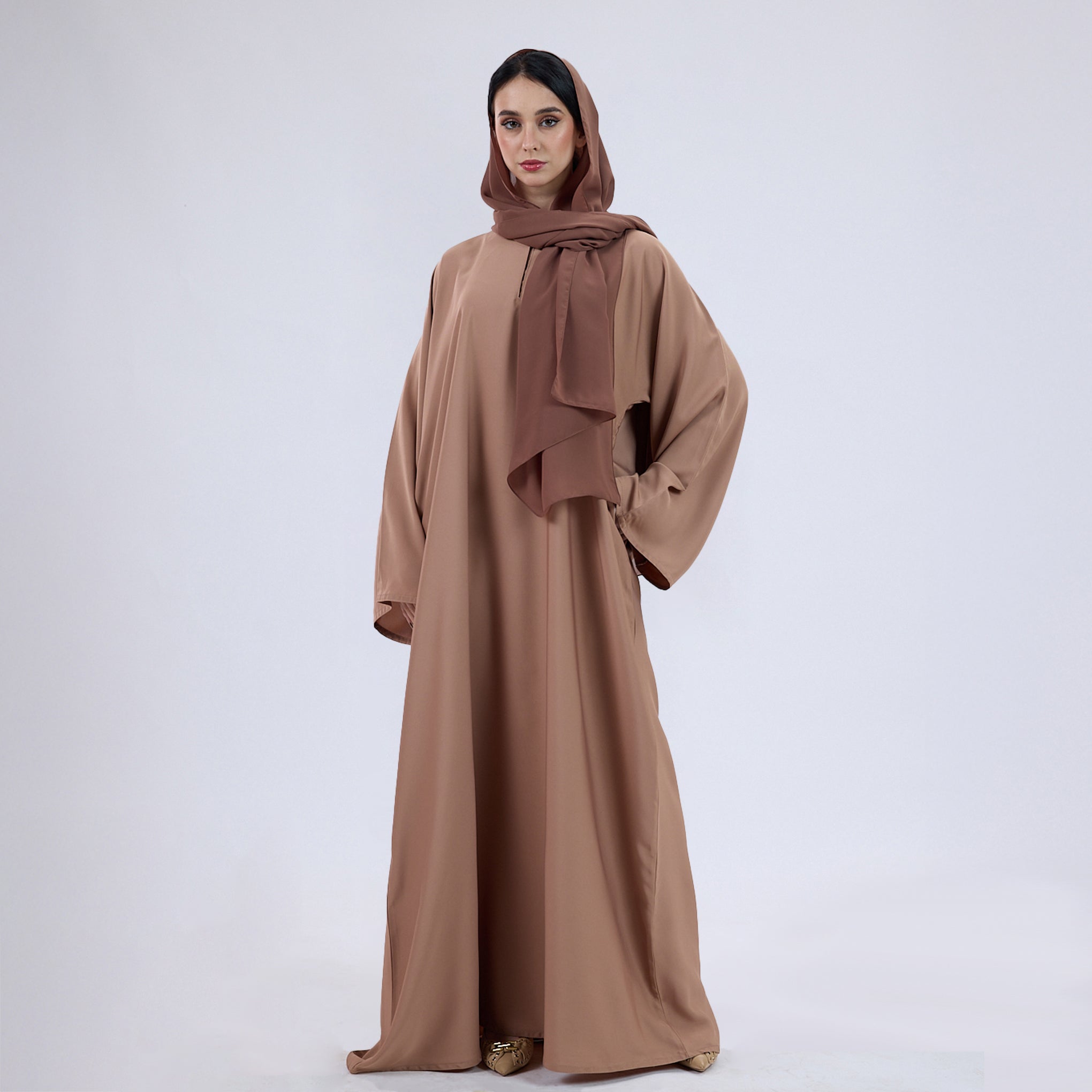 Nida Fabric Classic Closed Abaya With Wide Sleeves Camel Brown