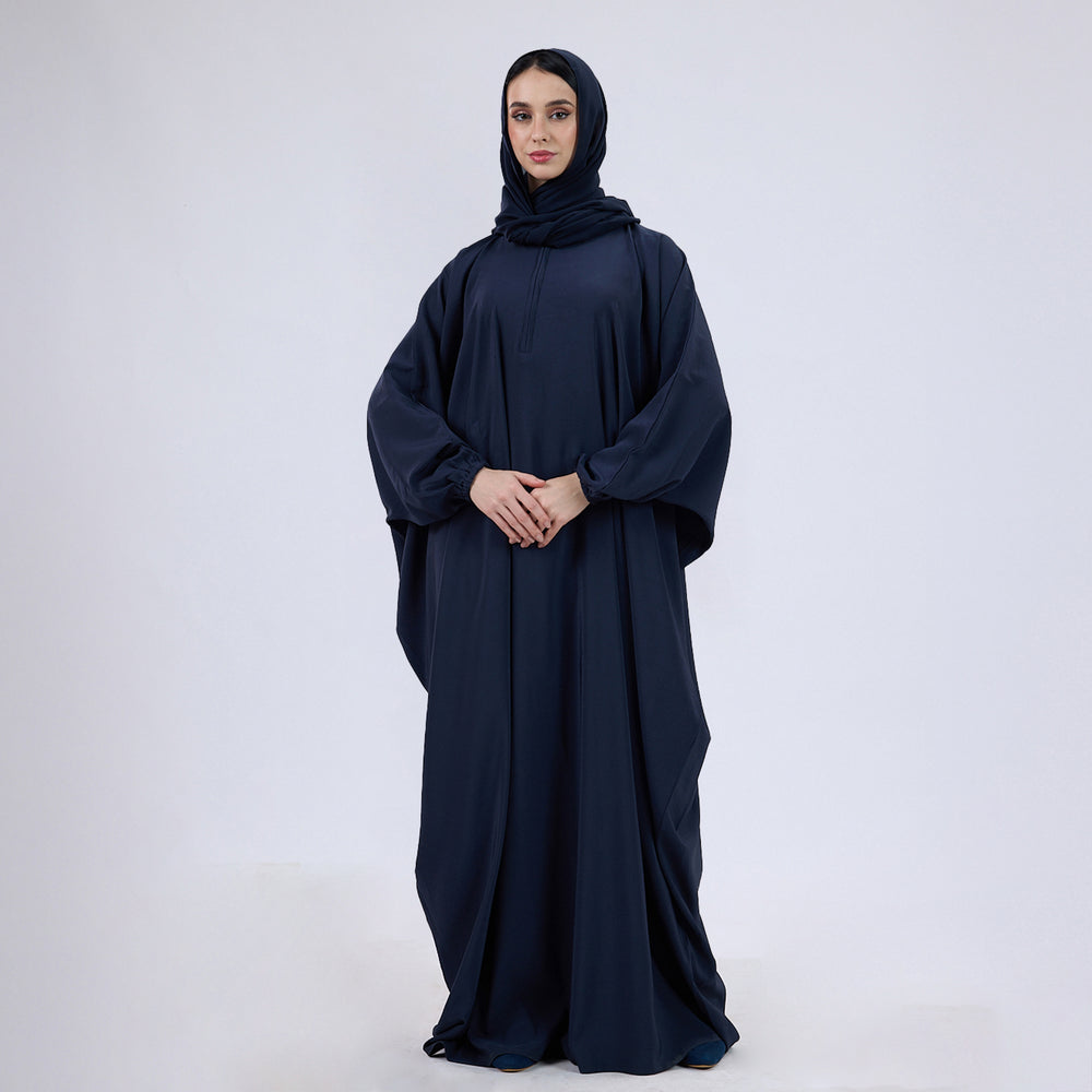 Crush Crepe Butterfly Abaya with Elastic Sleeves & Front Zip
