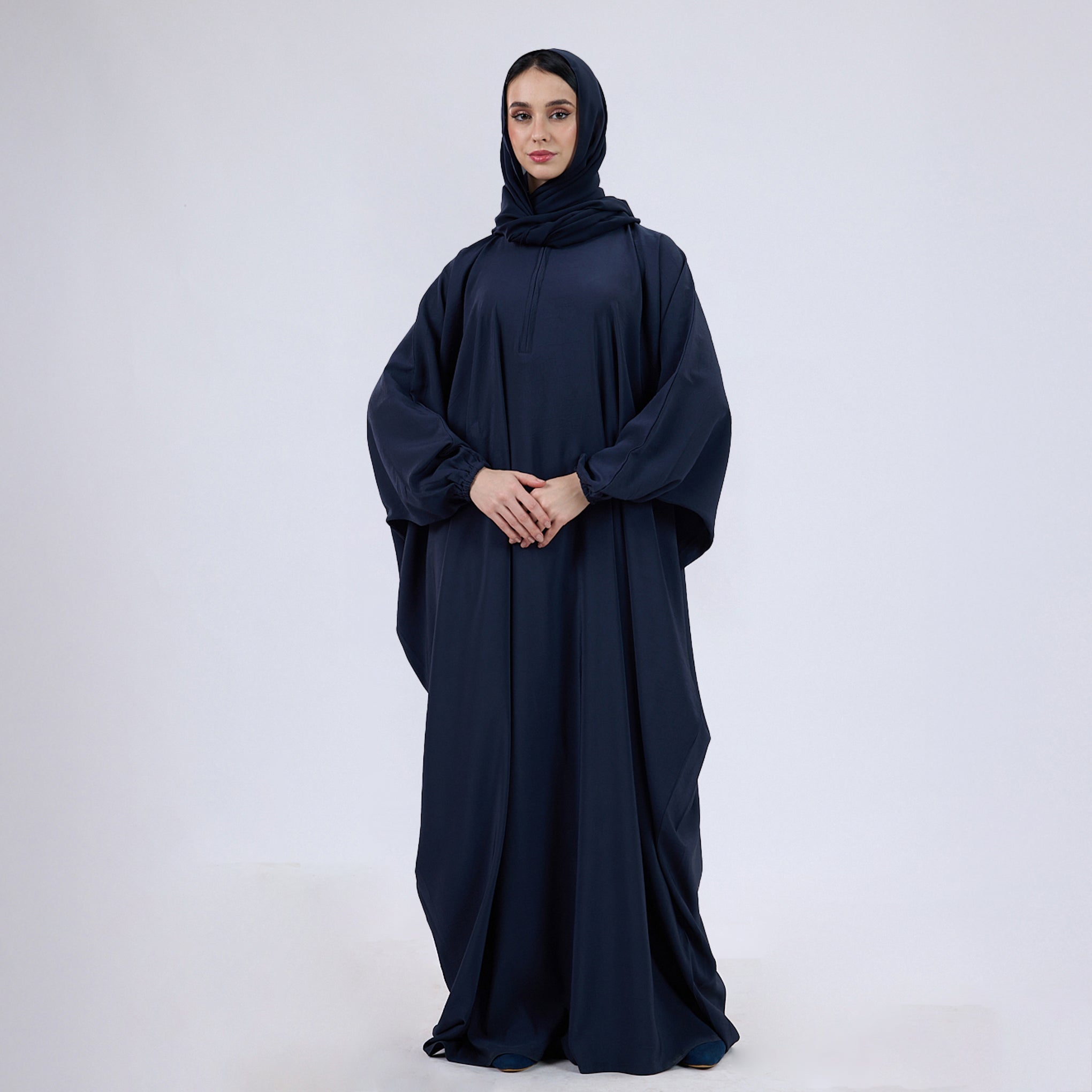 Crush Crepe Butterfly Abaya with Elastic Sleeves & Front Zip