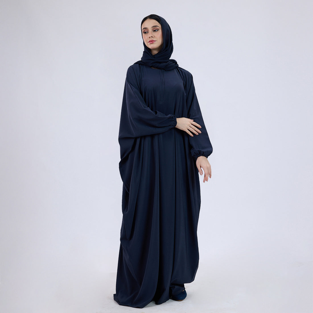 Crush Crepe Butterfly Abaya with Elastic Sleeves & Front Zip