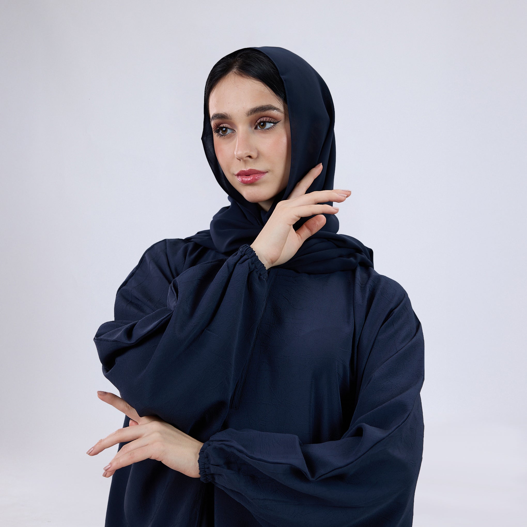 Crush Crepe Butterfly Abaya with Elastic Sleeves & Front Zip