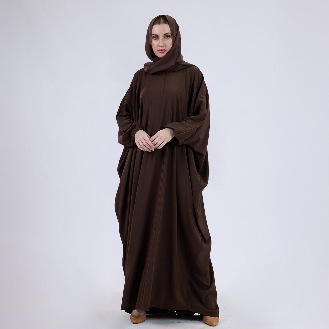 Crush Crepe Butterfly Abaya with Elastic Sleeves & Front Zip