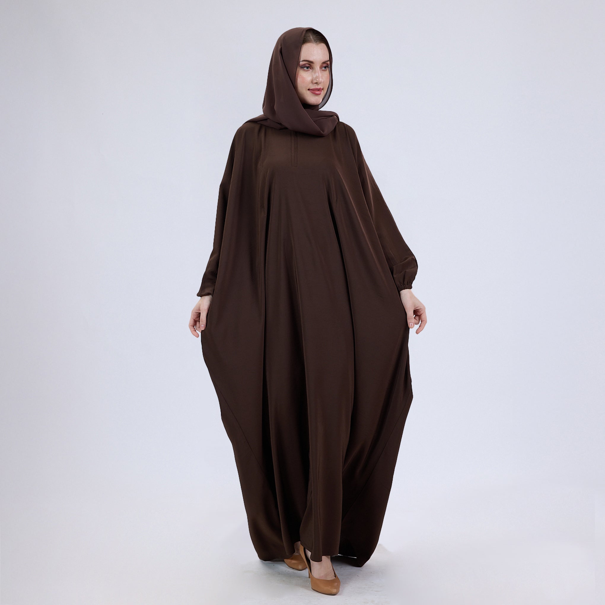 Crush Crepe Butterfly Abaya with Elastic Sleeves & Front Zip