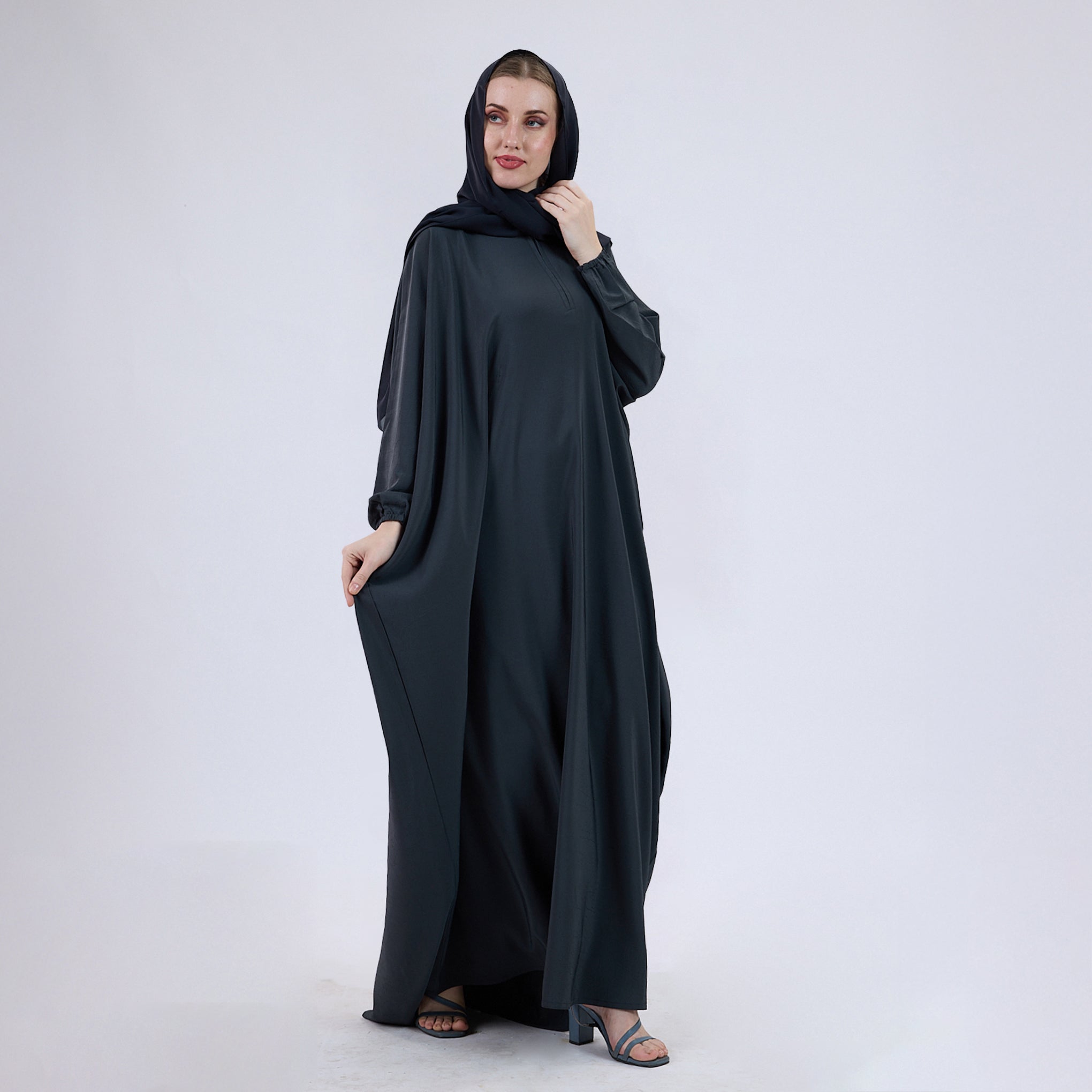 Crush Crepe Butterfly Abaya with Elastic Sleeves & Front Zip
