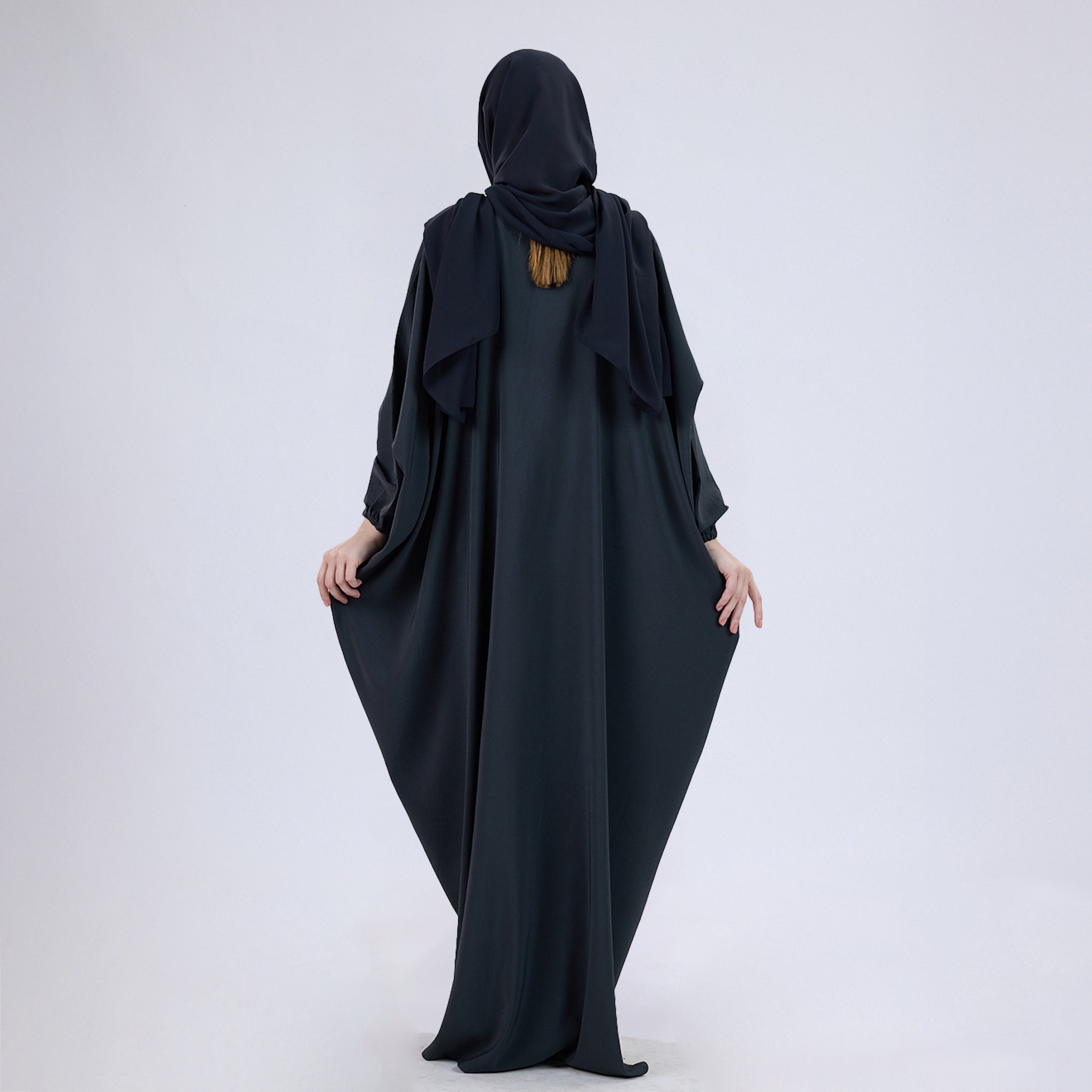 Crush Crepe Butterfly Abaya with Elastic Sleeves & Front Zip