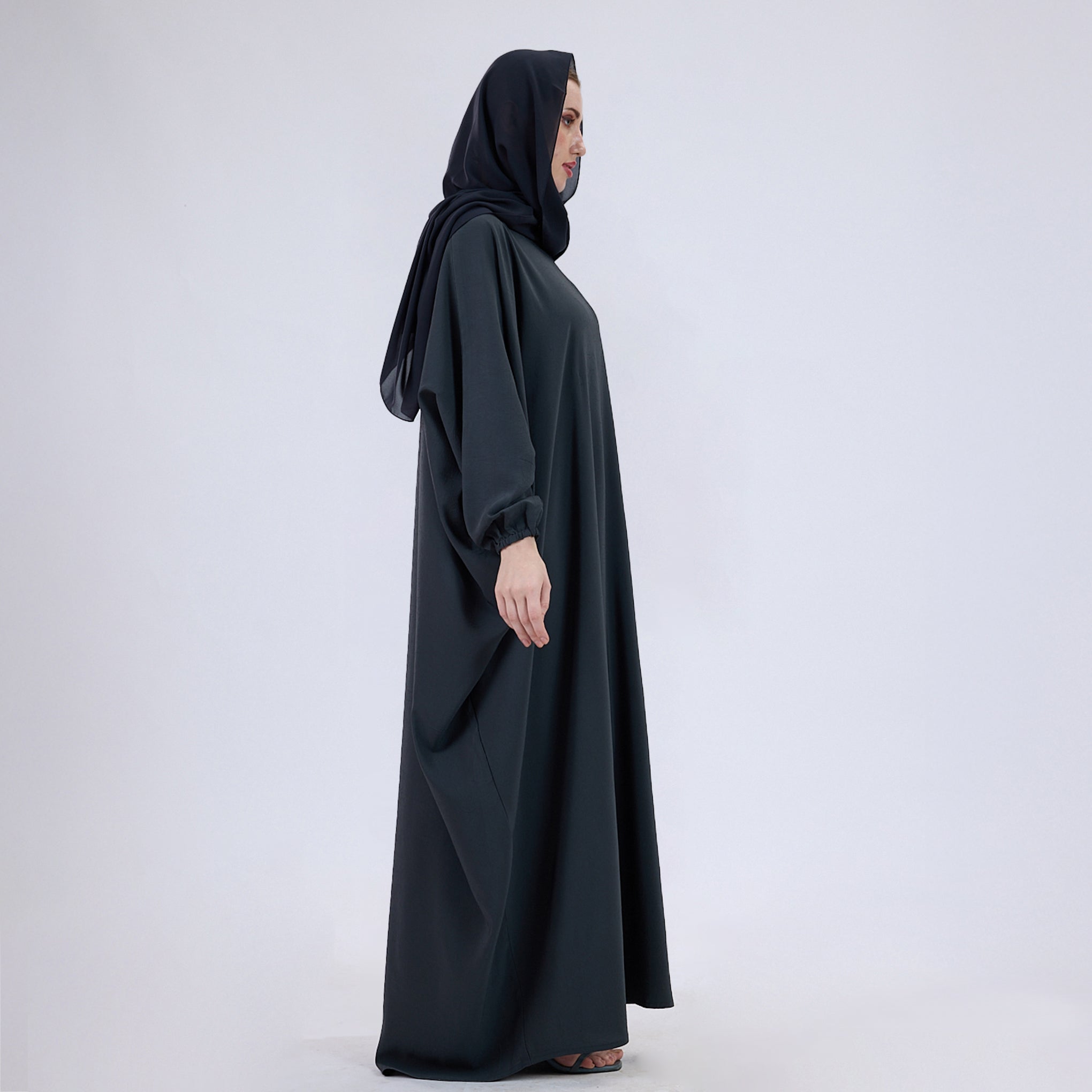 Crush Crepe Butterfly Abaya with Elastic Sleeves & Front Zip