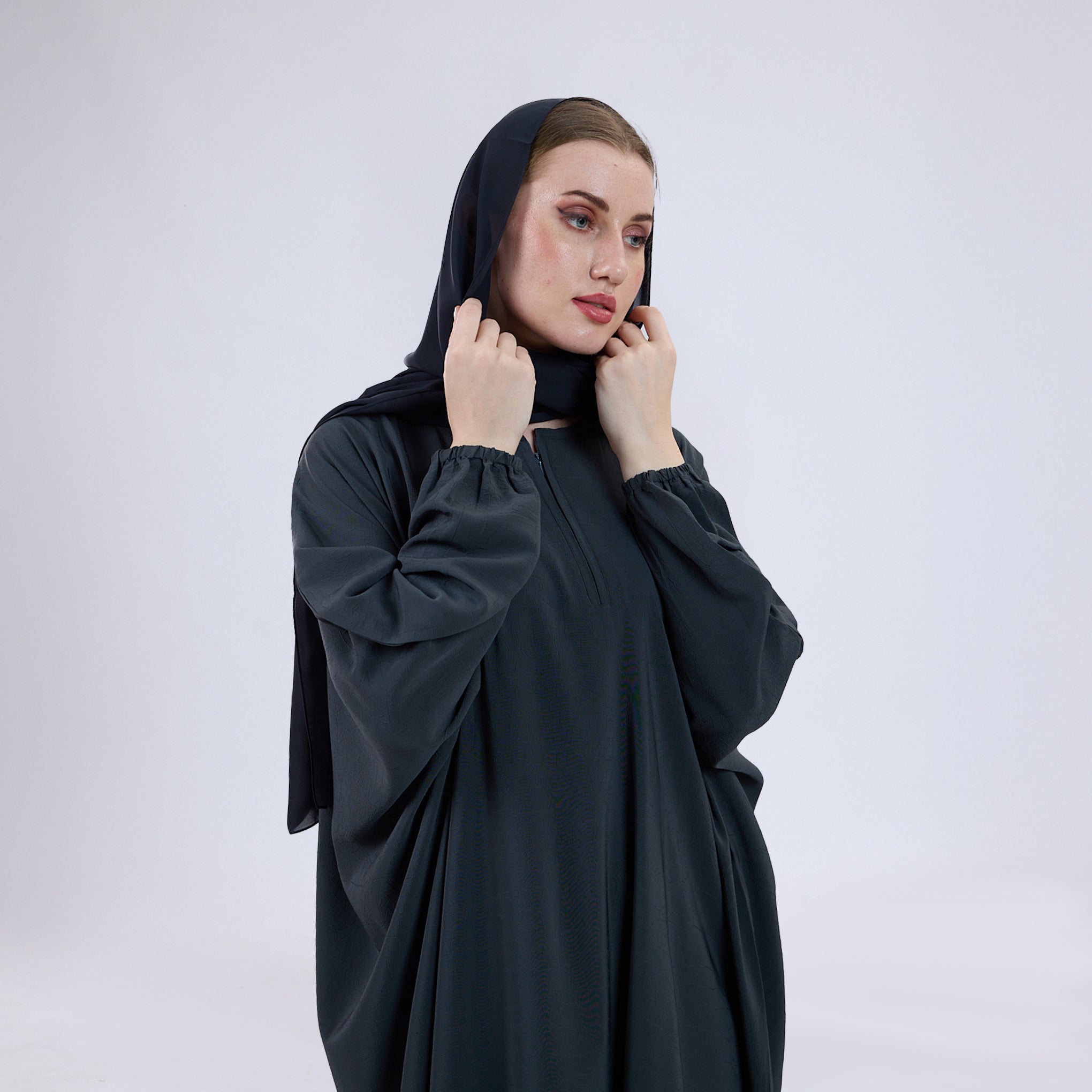 Crush Crepe Butterfly Abaya with Elastic Sleeves & Front Zip