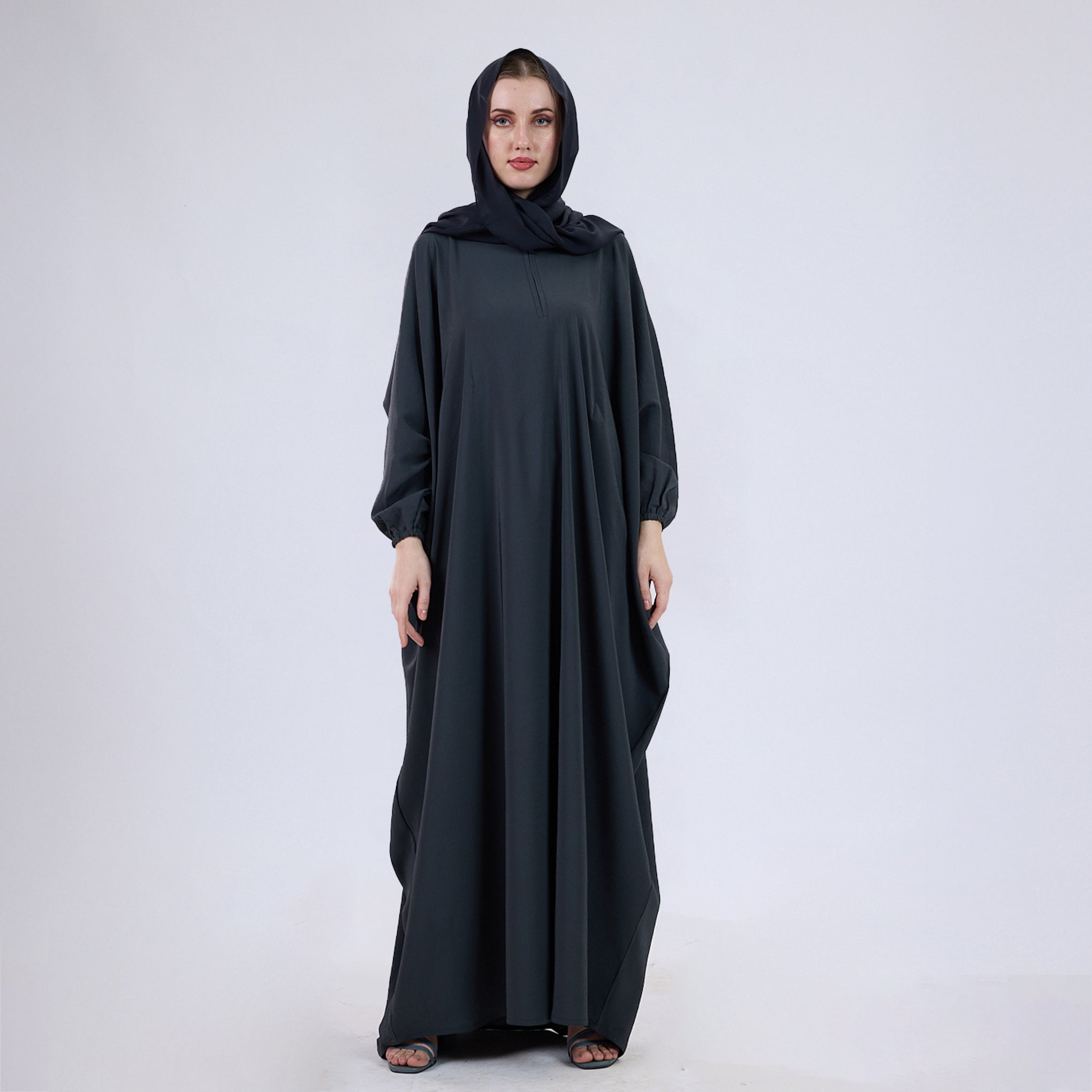 Crush Crepe Butterfly Abaya with Elastic Sleeves & Front Zip