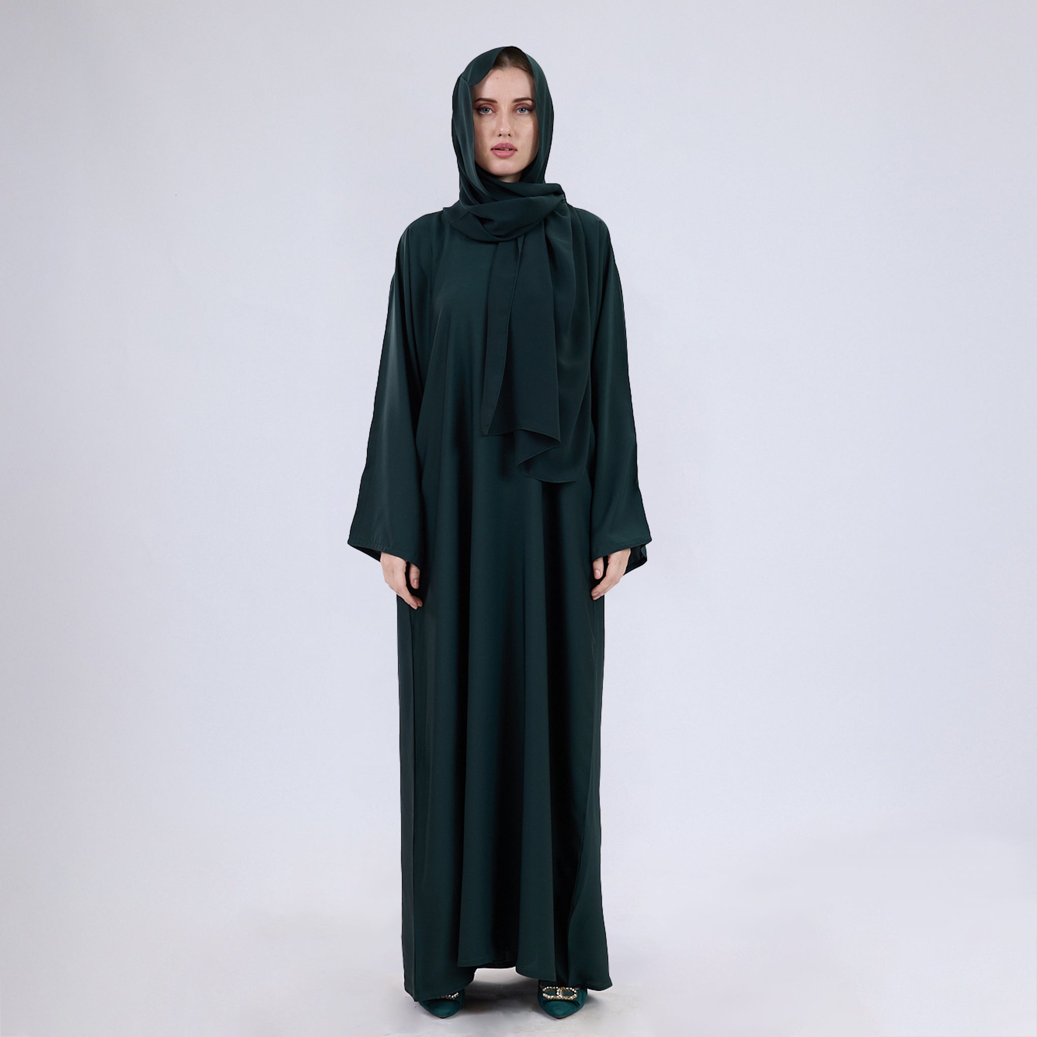 Nida Fabric Classic Closed Abaya With Wide Sleeves Pine Green
