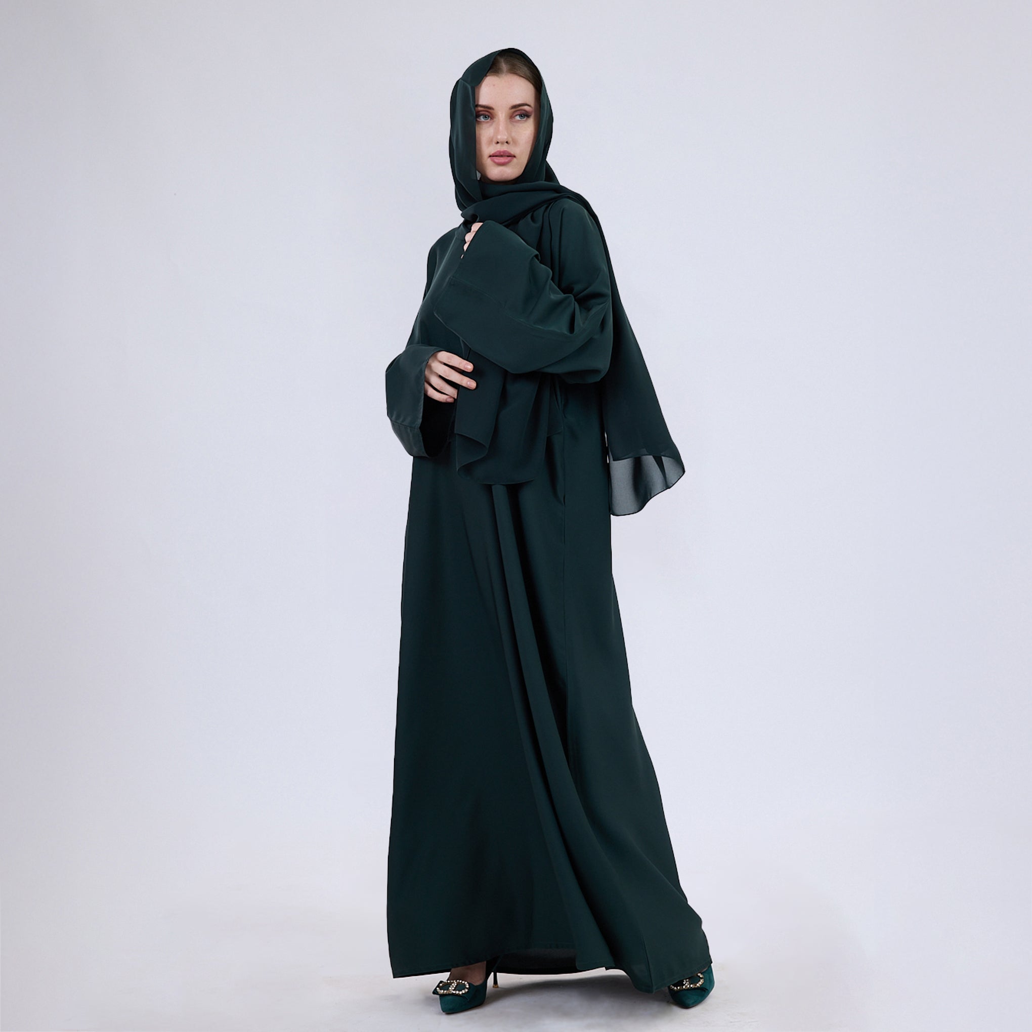 Nida Fabric Classic Closed Abaya With Wide Sleeves Pine Green