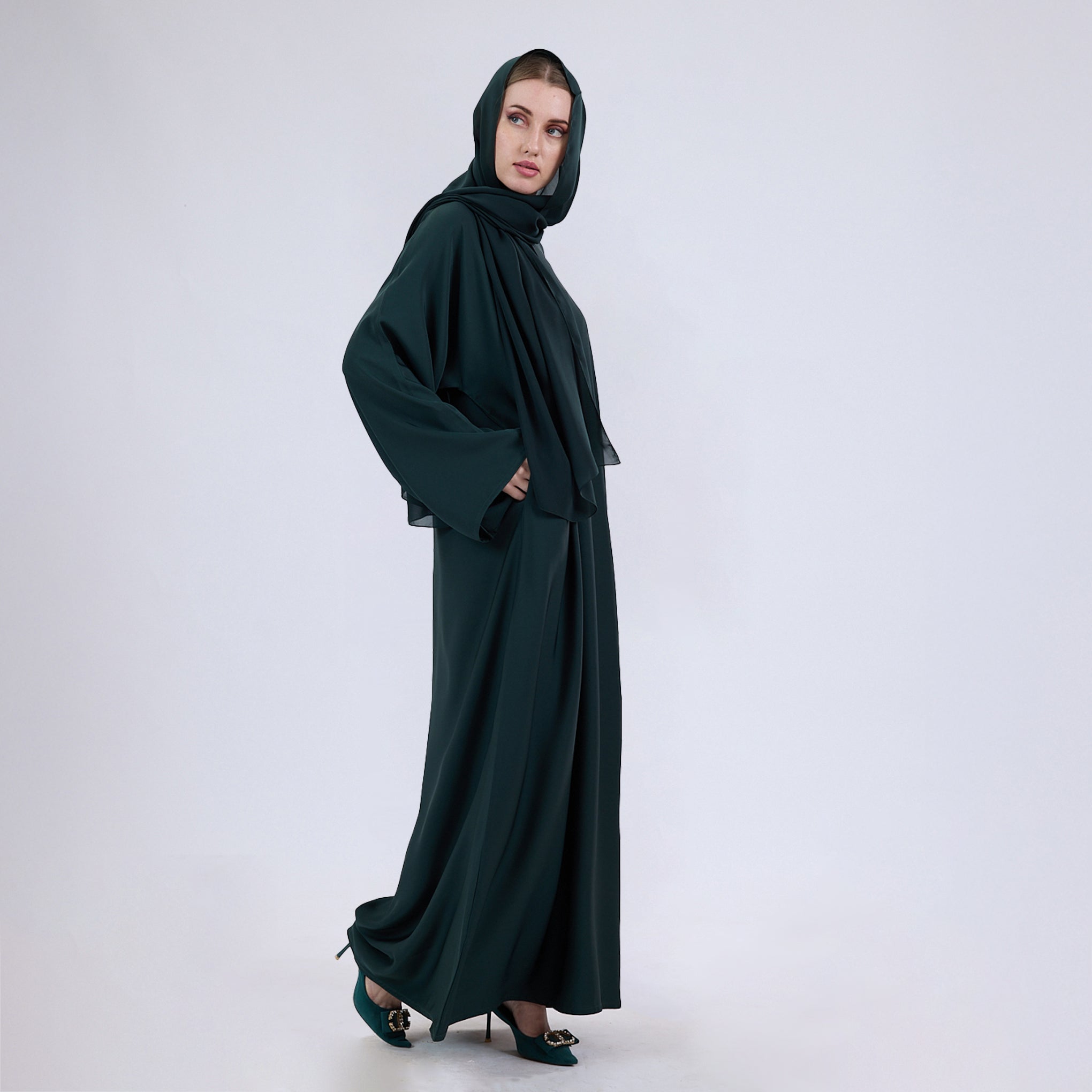 Nida Fabric Classic Closed Abaya With Wide Sleeves Pine Green
