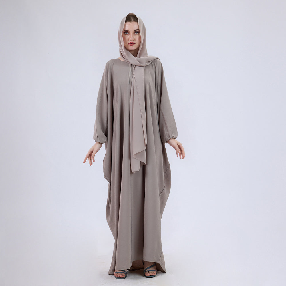 Crush Crepe Butterfly Abaya with Elastic Sleeves & Front Zip