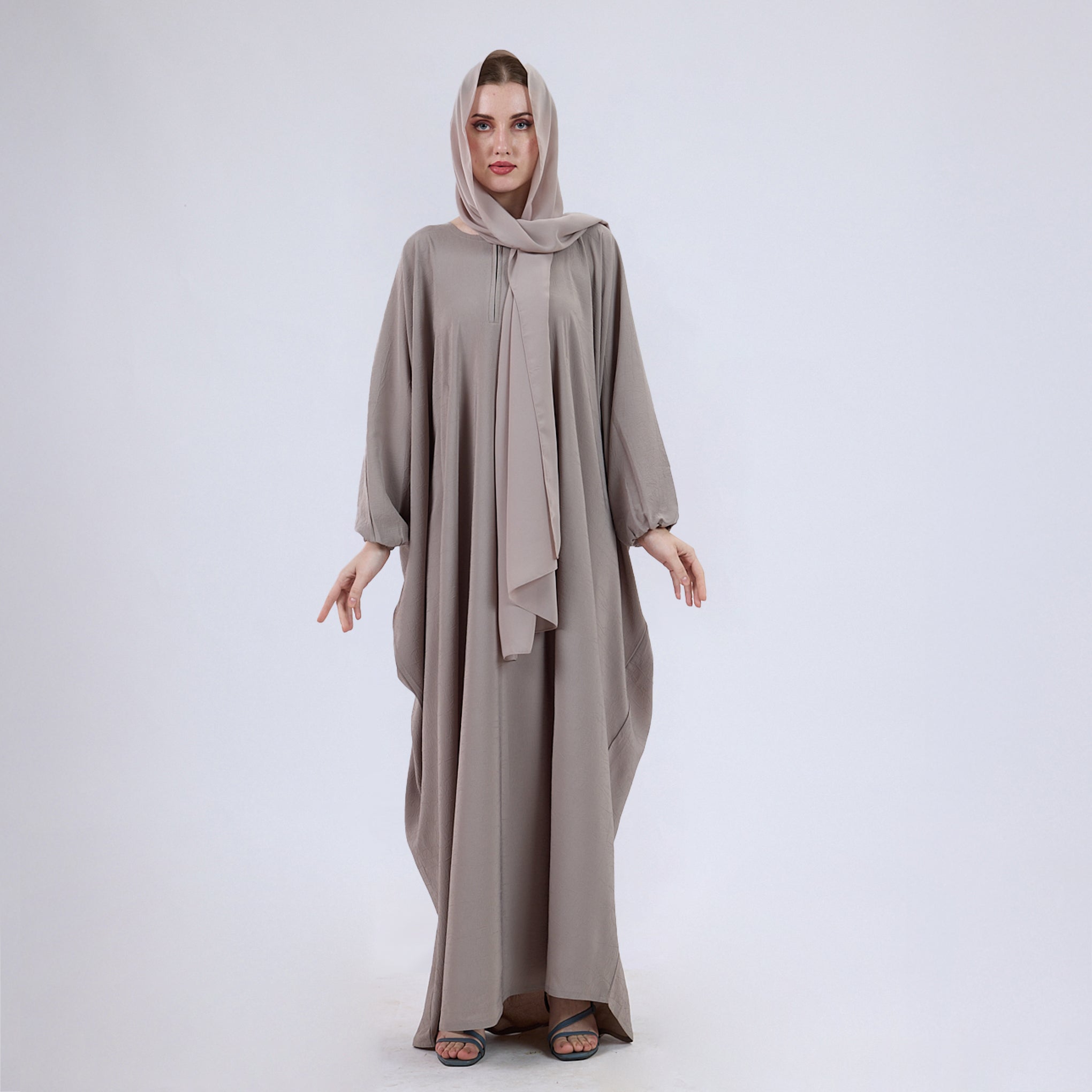 Crush Crepe Butterfly Abaya with Elastic Sleeves & Front Zip
