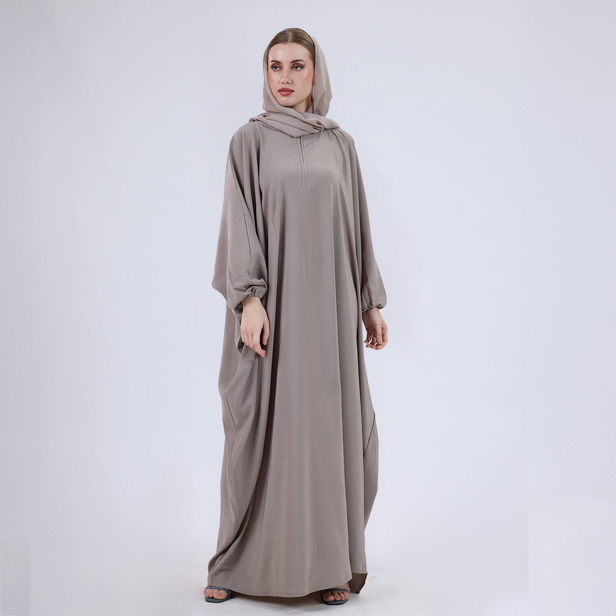 Crush Crepe Butterfly Abaya with Elastic Sleeves & Front Zip