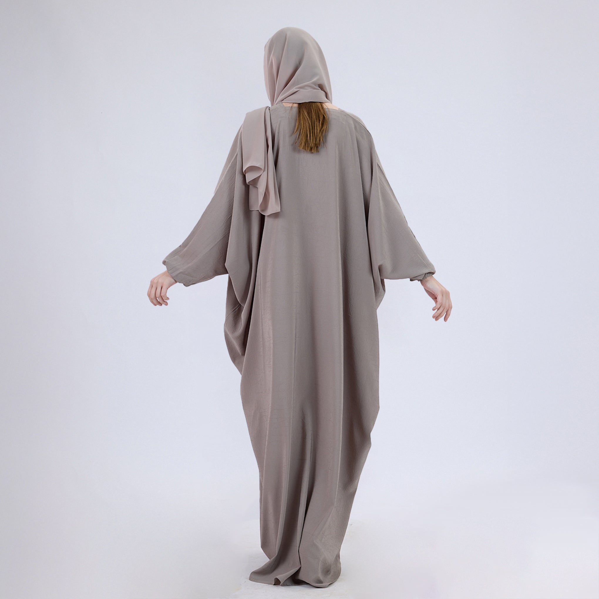 Crush Crepe Butterfly Abaya with Elastic Sleeves & Front Zip