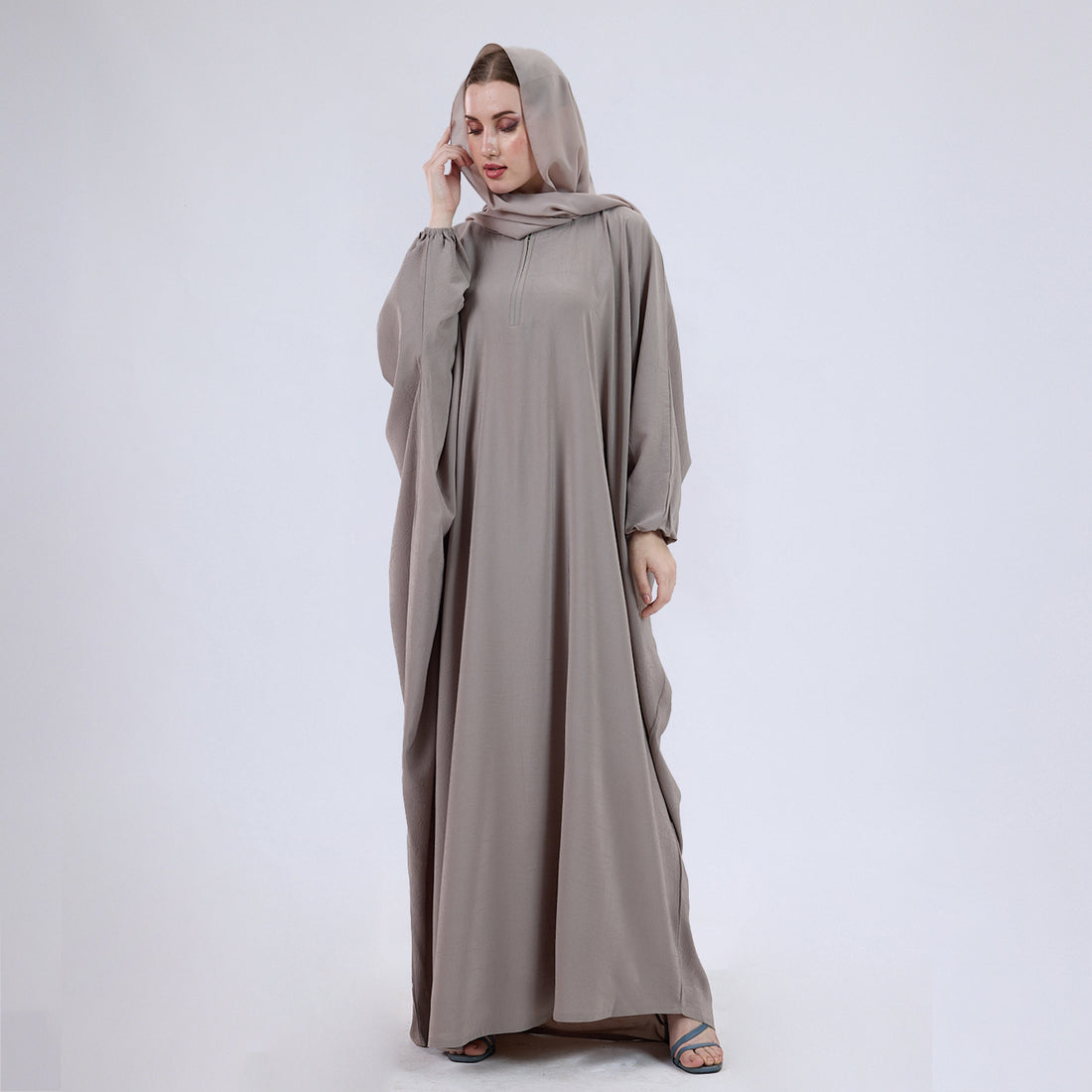 Crush Crepe Butterfly Abaya with Elastic Sleeves & Front Zip