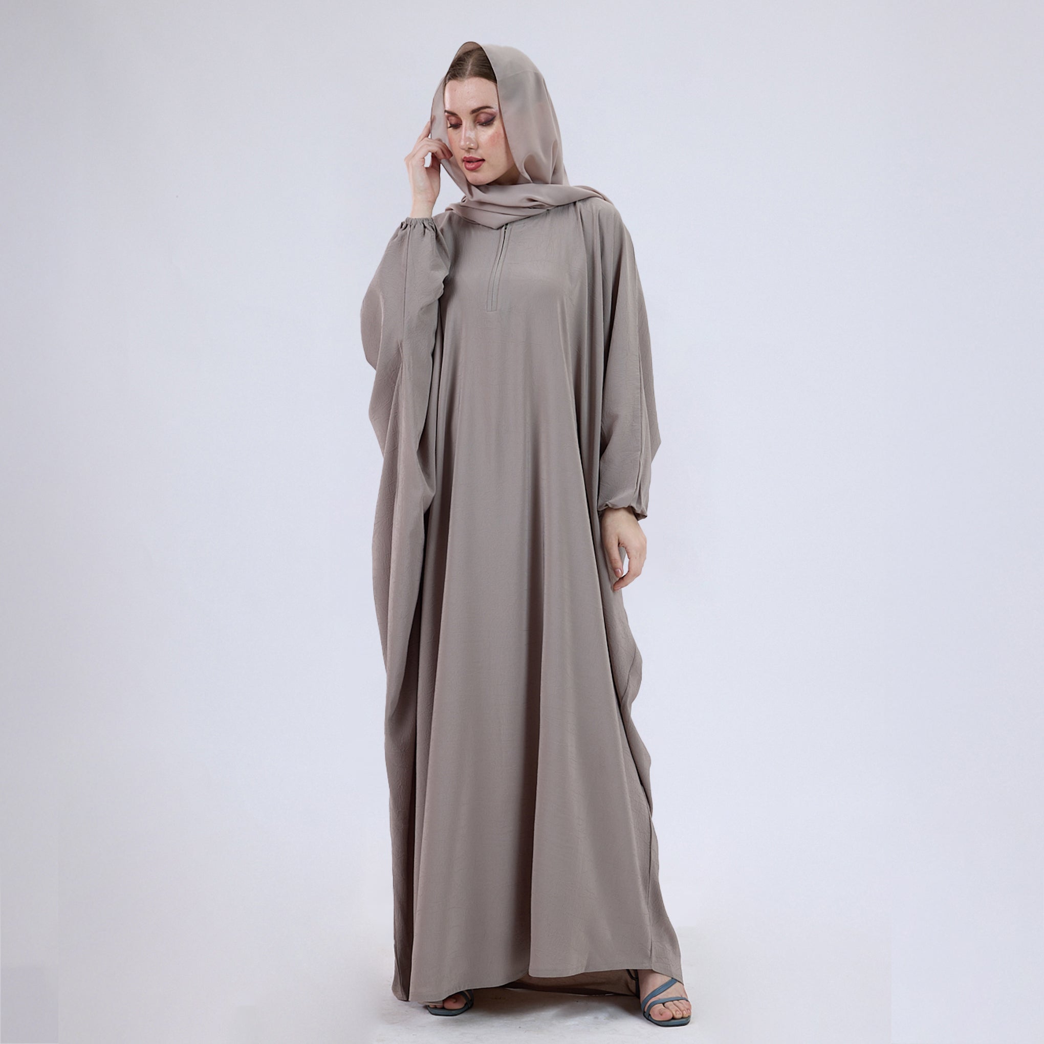 Crush Crepe Butterfly Abaya with Elastic Sleeves & Front Zip