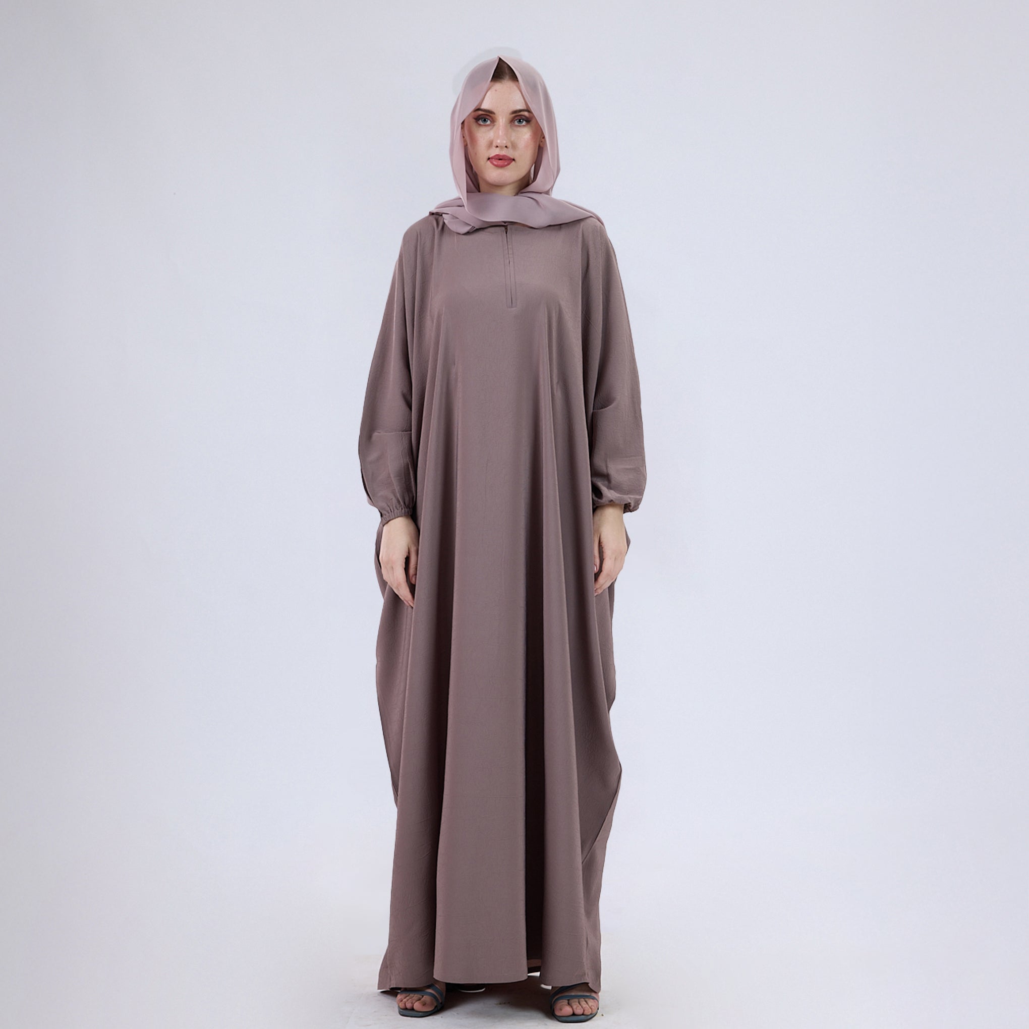Crush Crepe Butterfly Abaya with Elastic Sleeves & Front Zip