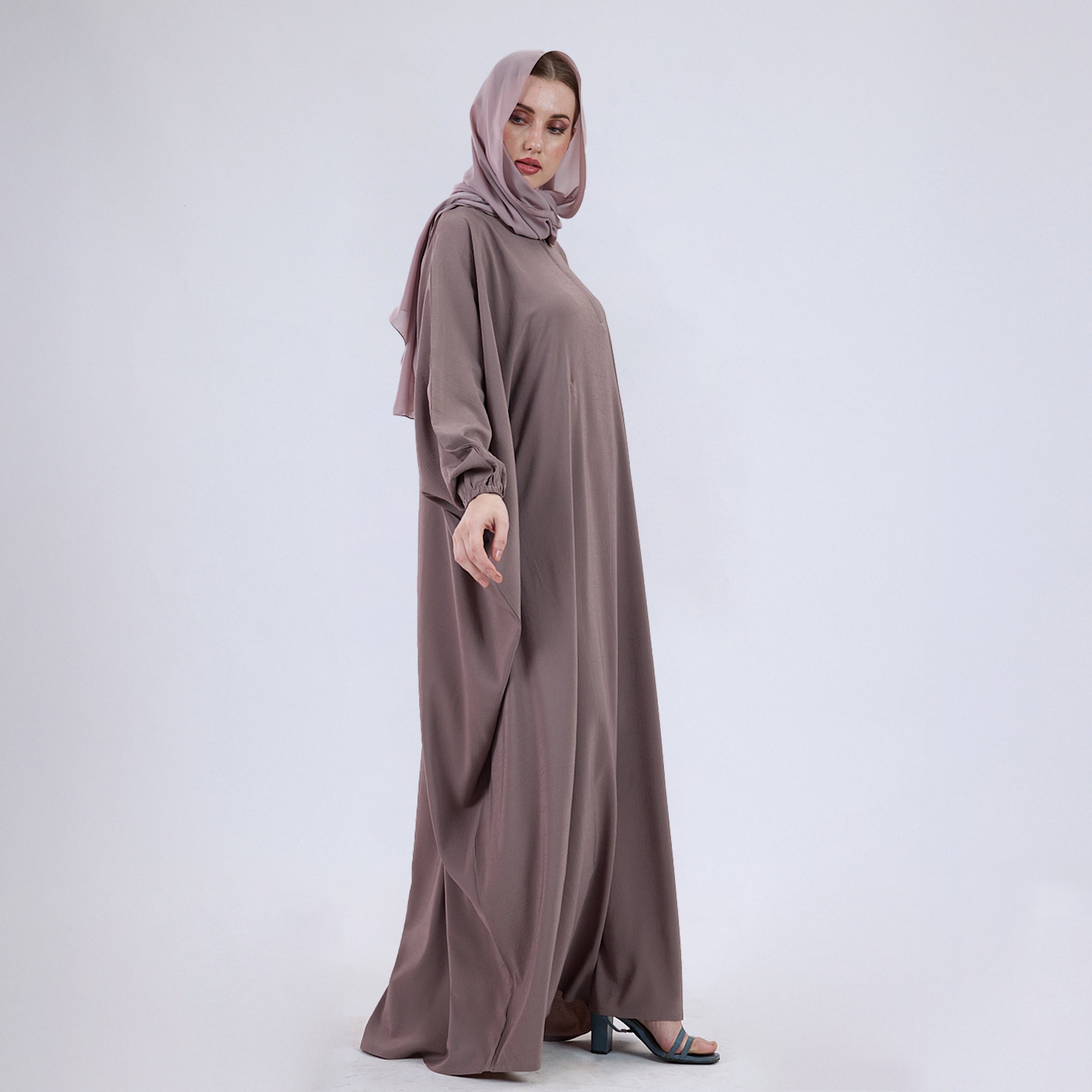 Crush Crepe Butterfly Abaya with Elastic Sleeves & Front Zip