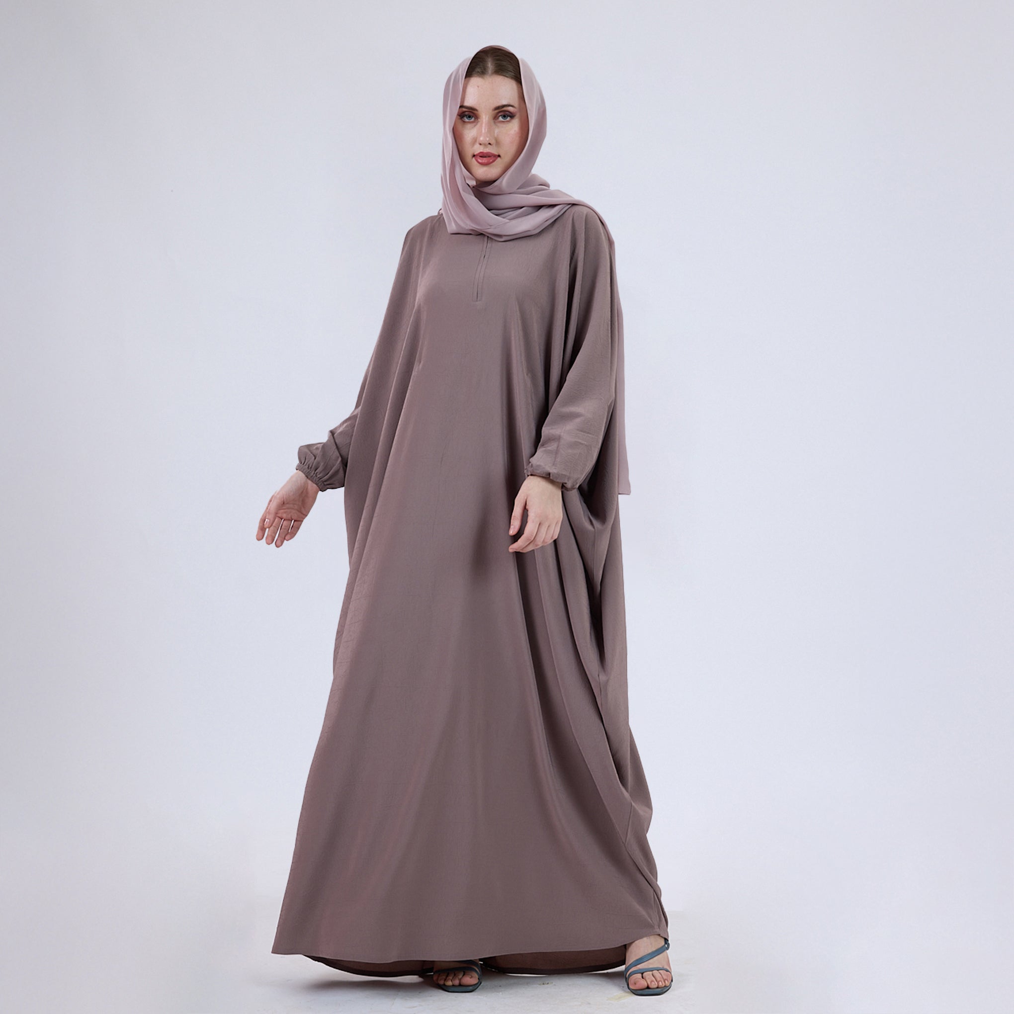 Crush Crepe Butterfly Abaya with Elastic Sleeves & Front Zip
