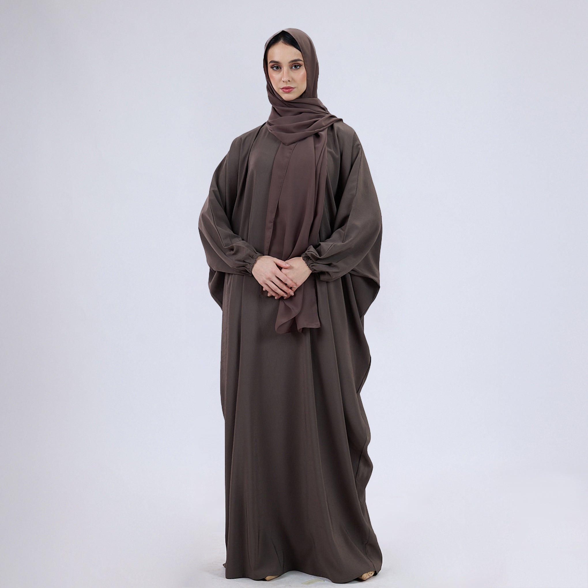 Crush Crepe Butterfly Abaya with Elastic Sleeves & Front Zip