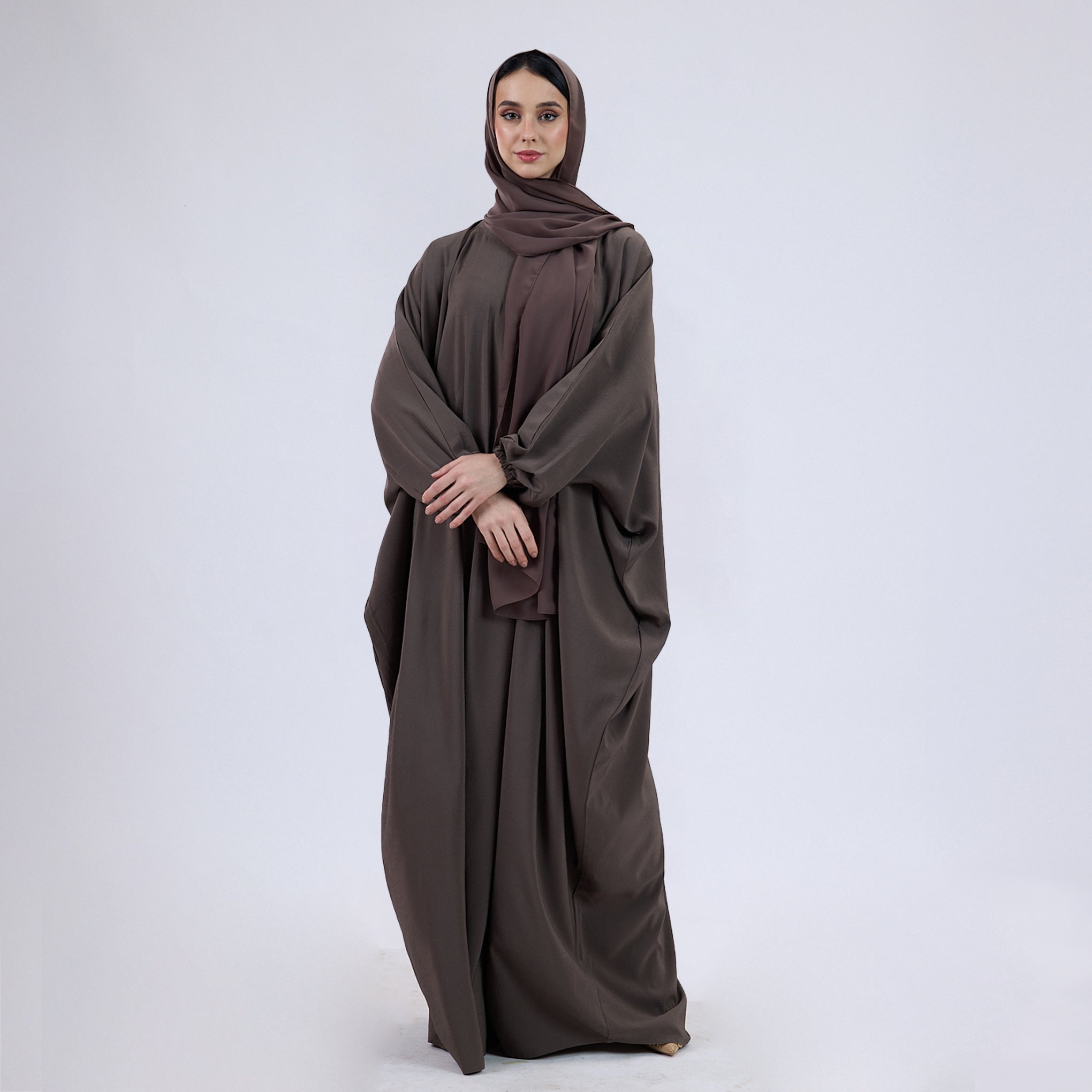 Crush Crepe Butterfly Abaya with Elastic Sleeves & Front Zip