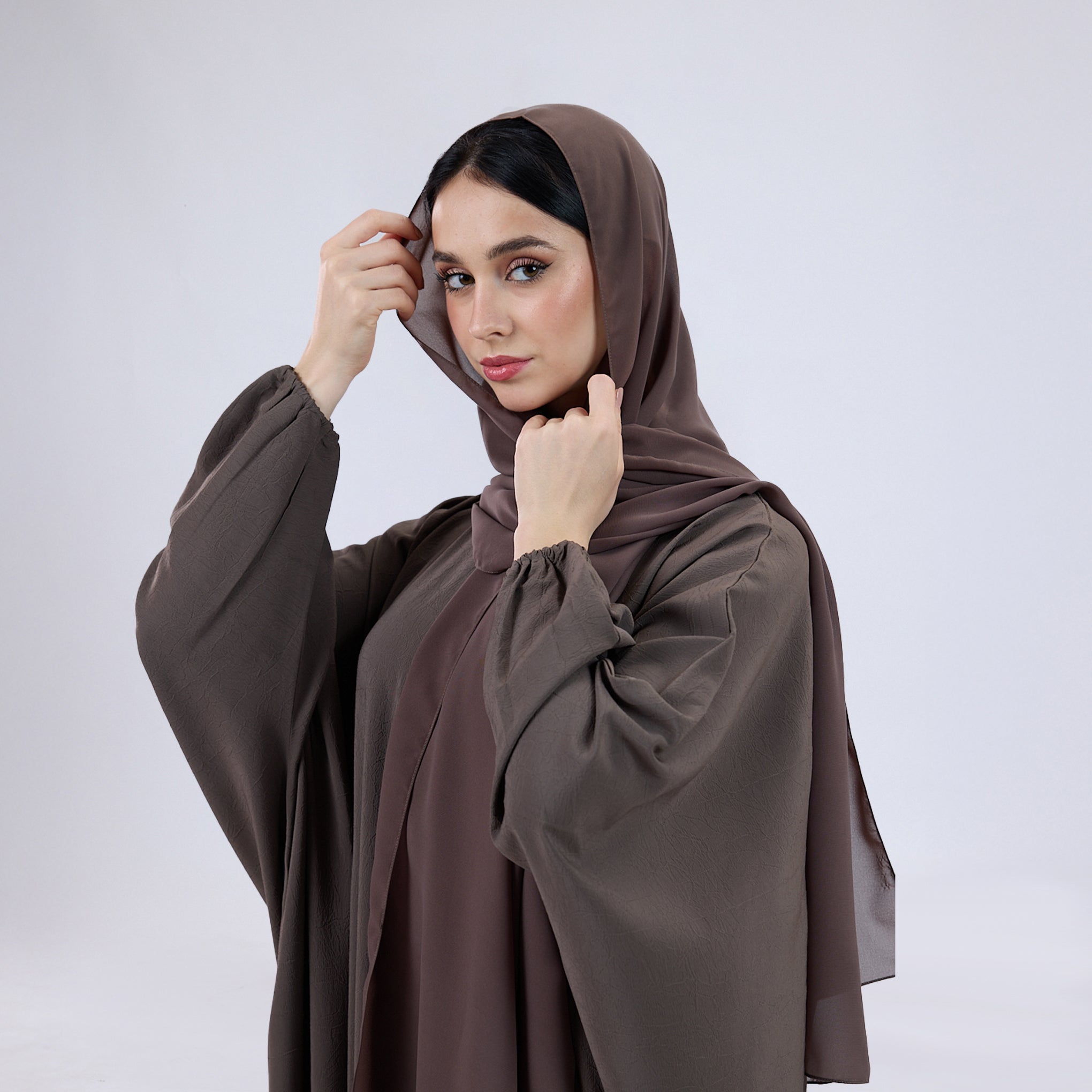 Crush Crepe Butterfly Abaya with Elastic Sleeves & Front Zip